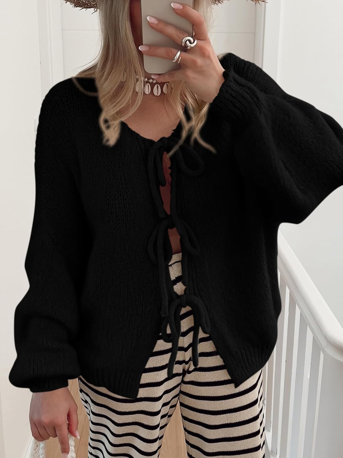 MASCOMODA 2025 Bow Tie Front Cardigan Sweaters for Women Fall Winter Oversized Long Sleeve Open Front Chunky Sweater Coats - Image 2