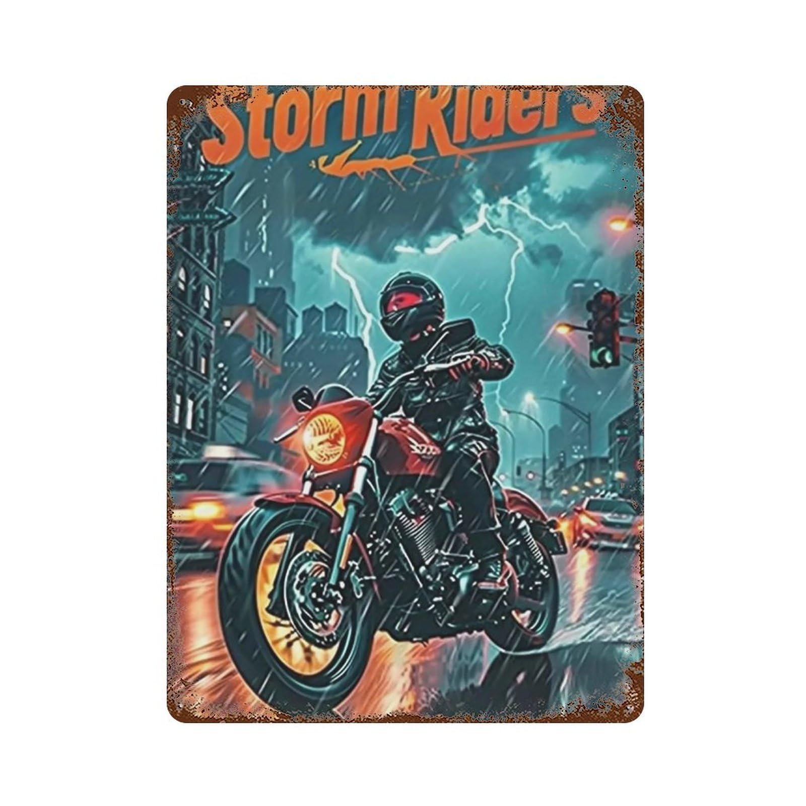 YHGERTKU Storm Riders Rainy City Lightning Biker 02 Wall Art Retro Iron Vintage Metal Tin Sign Poster Modern Decor for Living Rooms Gift 40x30cm