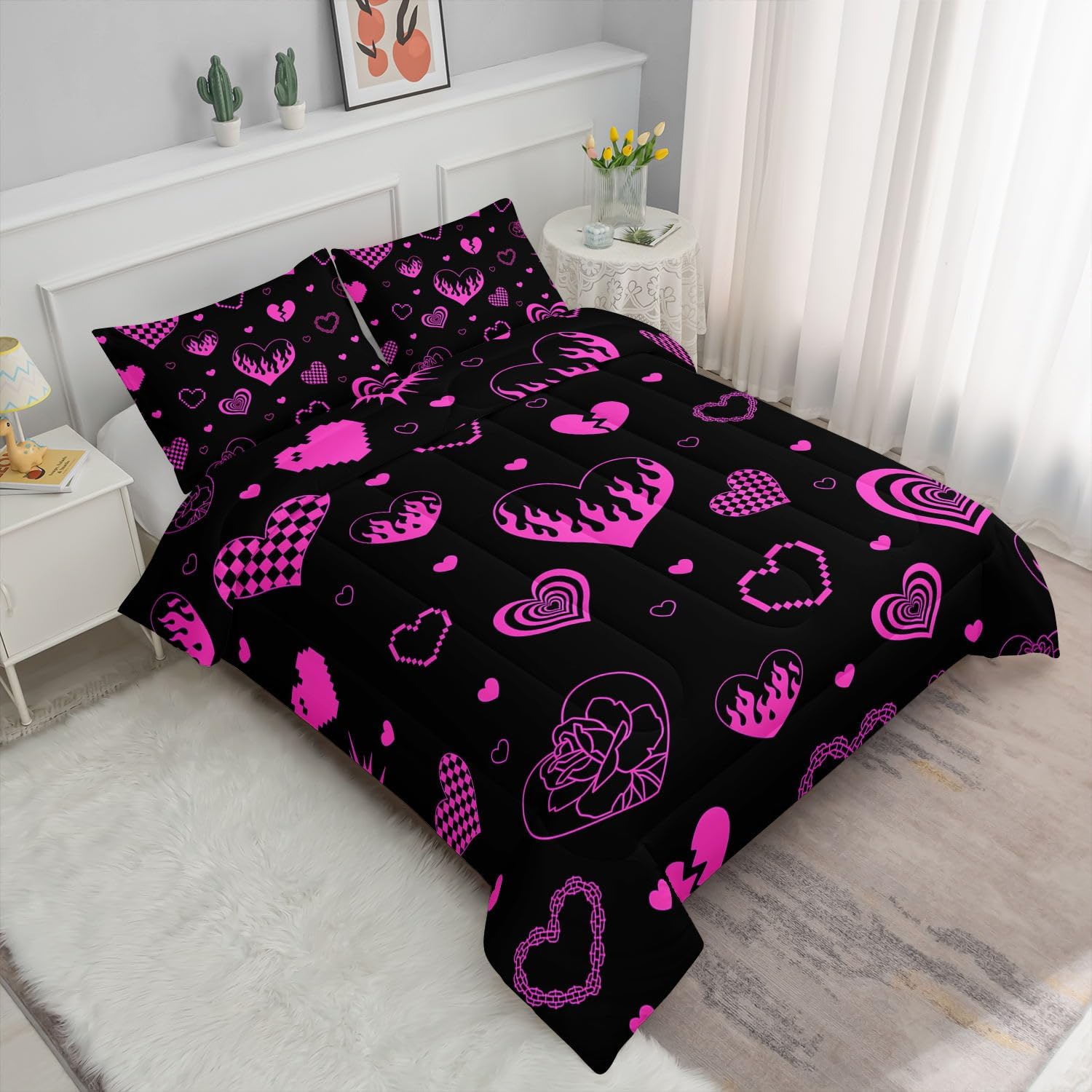 Heart Comforter Set Pink Rose Printed Bedding Set with 1 Comforter and 2 Pillowcases for Boys and Girls Bedroom All Season(Love Twin)