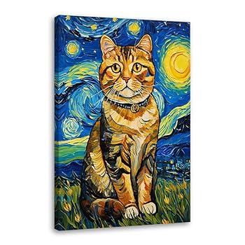 絵画。原画☆キャンバスF6【猫ちゃんはソファーに座って美しい星空を楽しんでいる】 Amazon.co.jp: ゴッホ猫 星月夜 花 有名な油絵 ウォールアート
