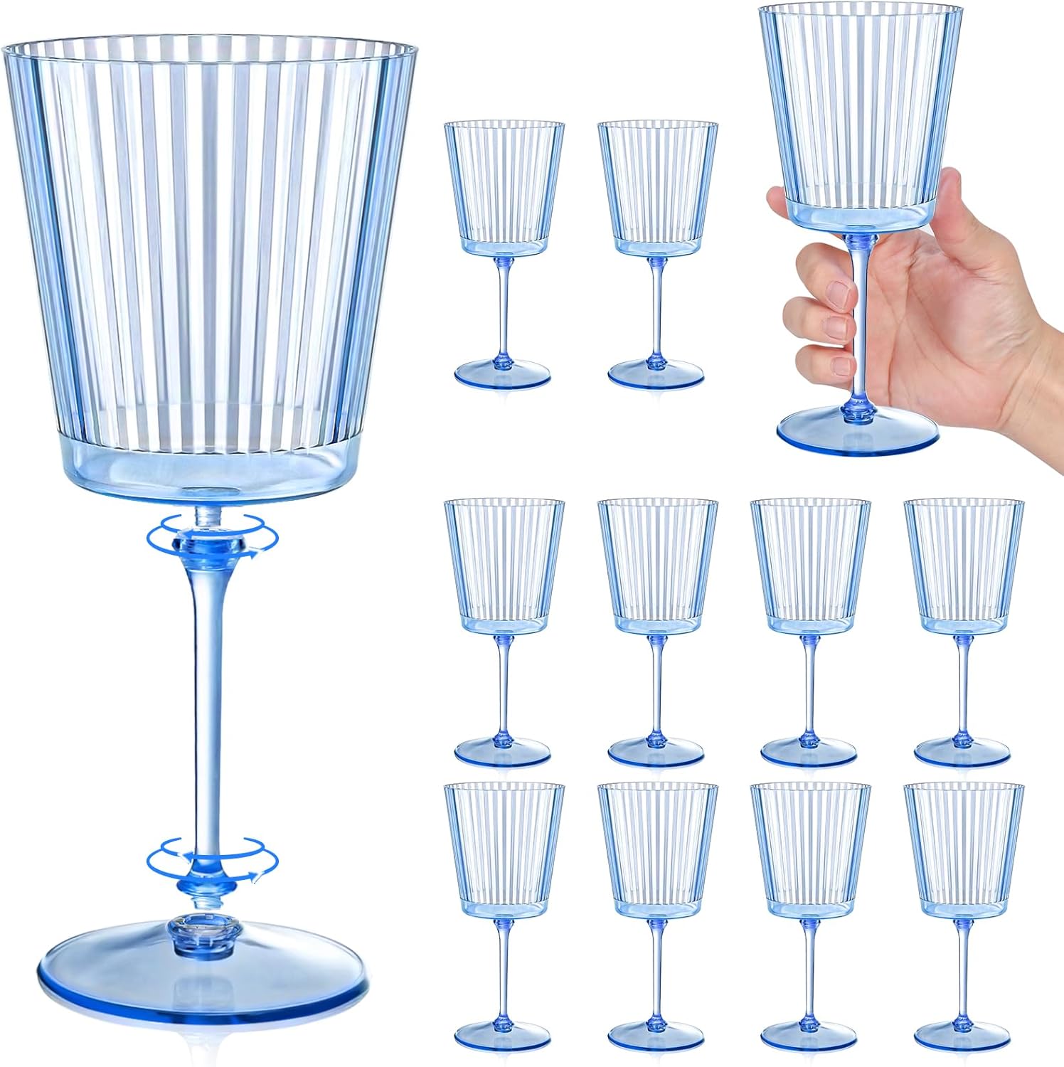 12 PCS Blue Ribbed Plastic Wine Glasses 13.5 OZ Ribbed Wine Glasses Detachable Wine Glass Elegant Fluted Glassware Vintage Style for Wedding Anniversary Birthday Dinner Parties(Blue, 12 Pack)