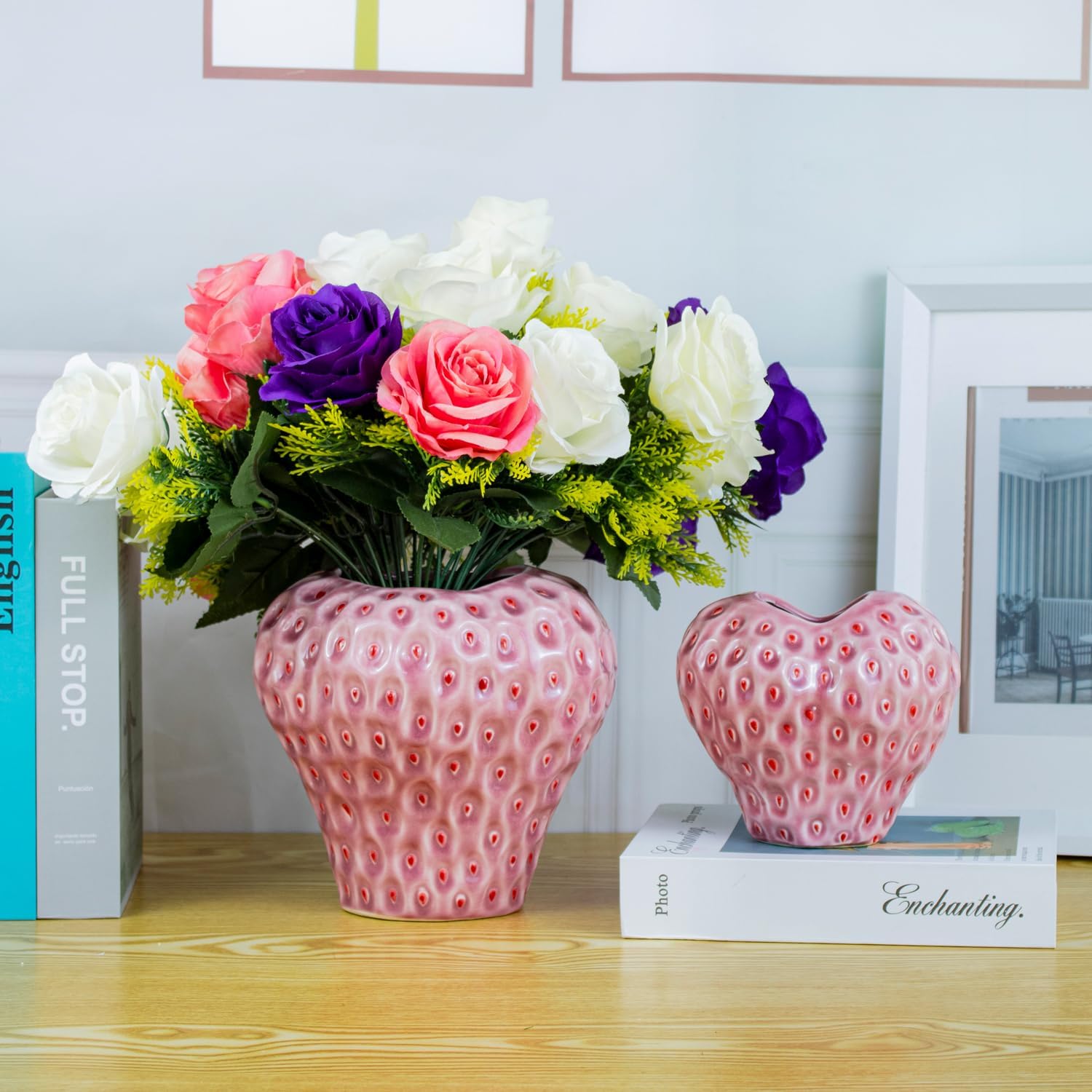 Strawberry Ceramic Flower Vase, Decorative Cute Ornament Vase for Aesthetic Decor Flower Arrangement, Unique for Colorful Modern Vintage Home Kitchen Office Decor Centerpiece, Pink 5inch - Image 3