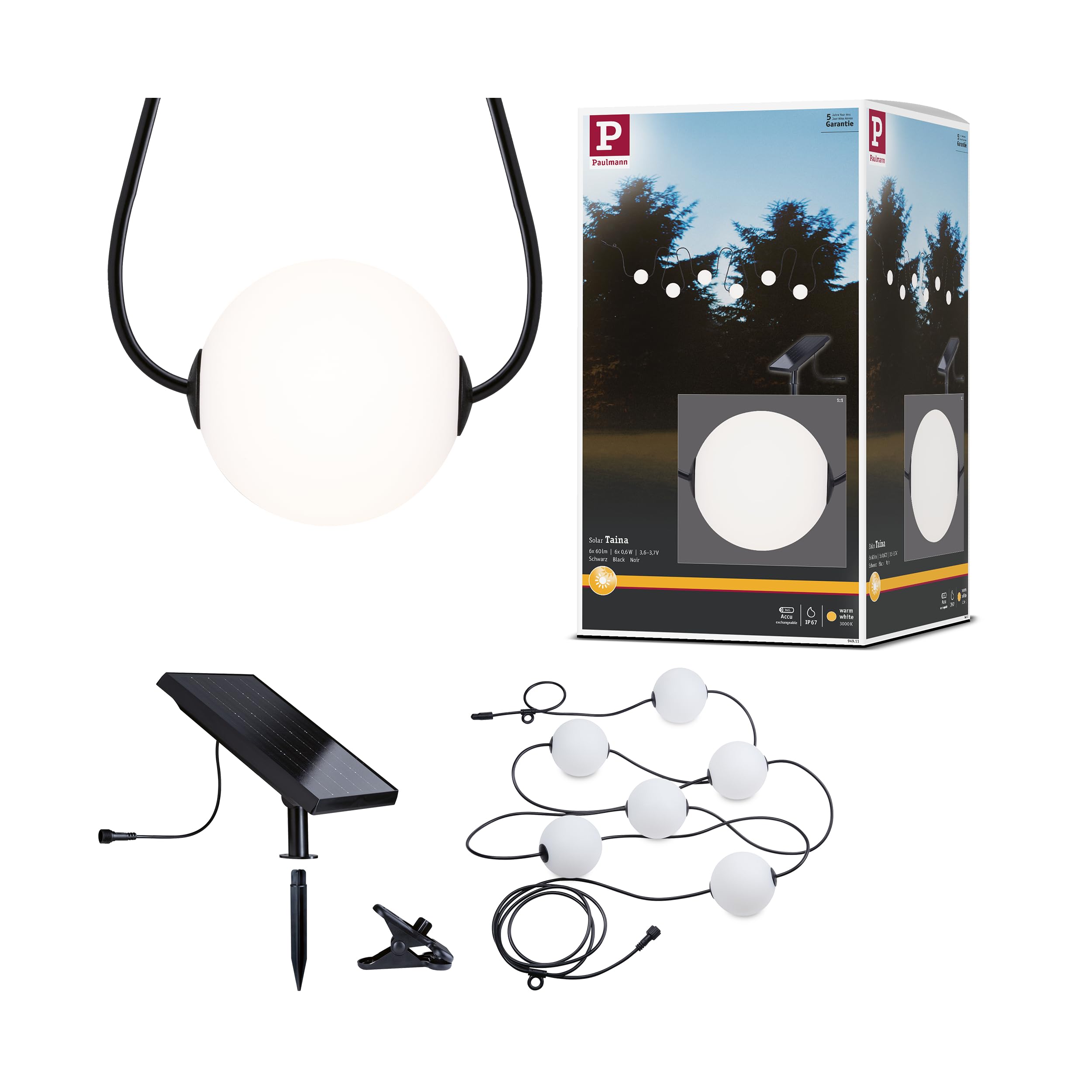 Paulmann 94911 Solar LED Lichterkette Taina Basisset IP67 3000K 5,8m 6x60lm Schwarz