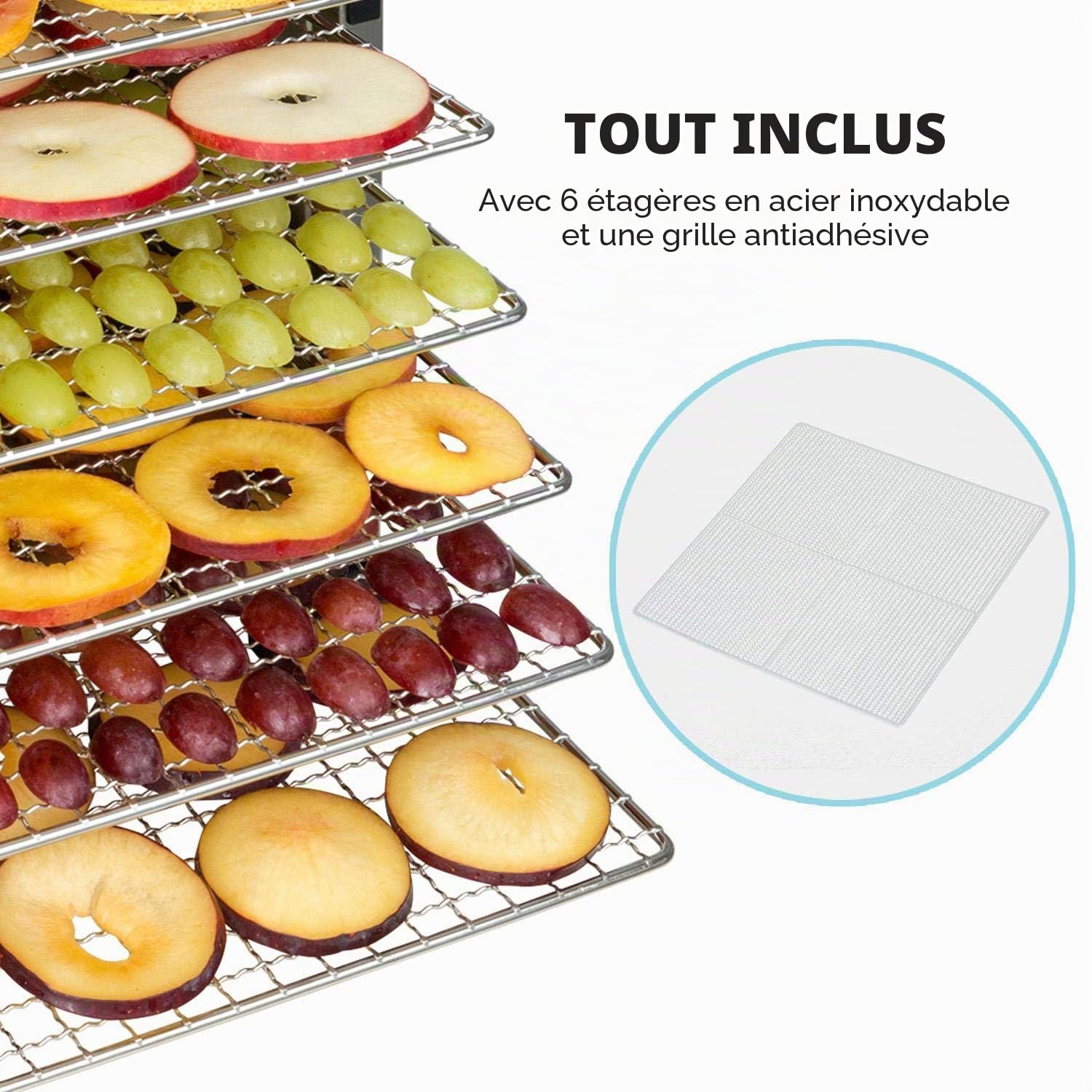 Klarstein Flavour Dry - Déshydrateur, 6 plateaux pour sécher les aliments, Température réglable de 35 à 75 °C, Répartition uniforme de la chaleur, Ecran tactile LCD, Minuterie de 30 mn - 24 h, Noir