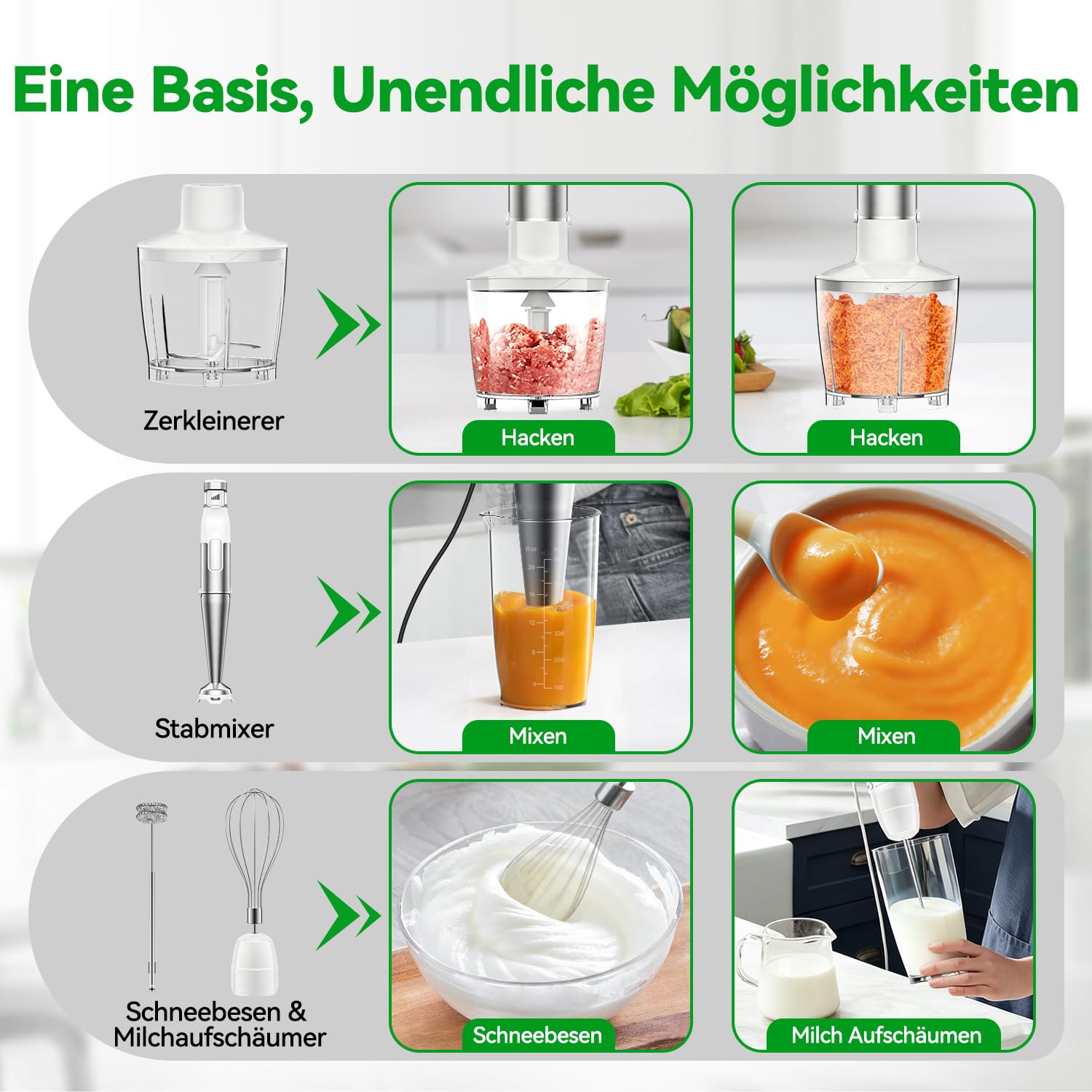 Stabmixer Set 5 in 1, 1100W Pürierstab Elektrisch, Edelstahl Hand Blender