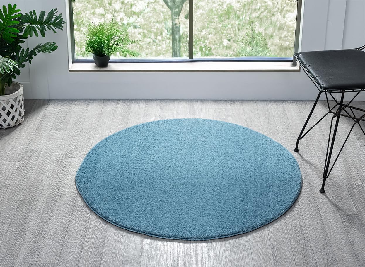 Desire Rugs Blue Round Rug 100cm - Anti Slip Felt Backing - 100% Polyester Low Pile - Washable Indoor Rug