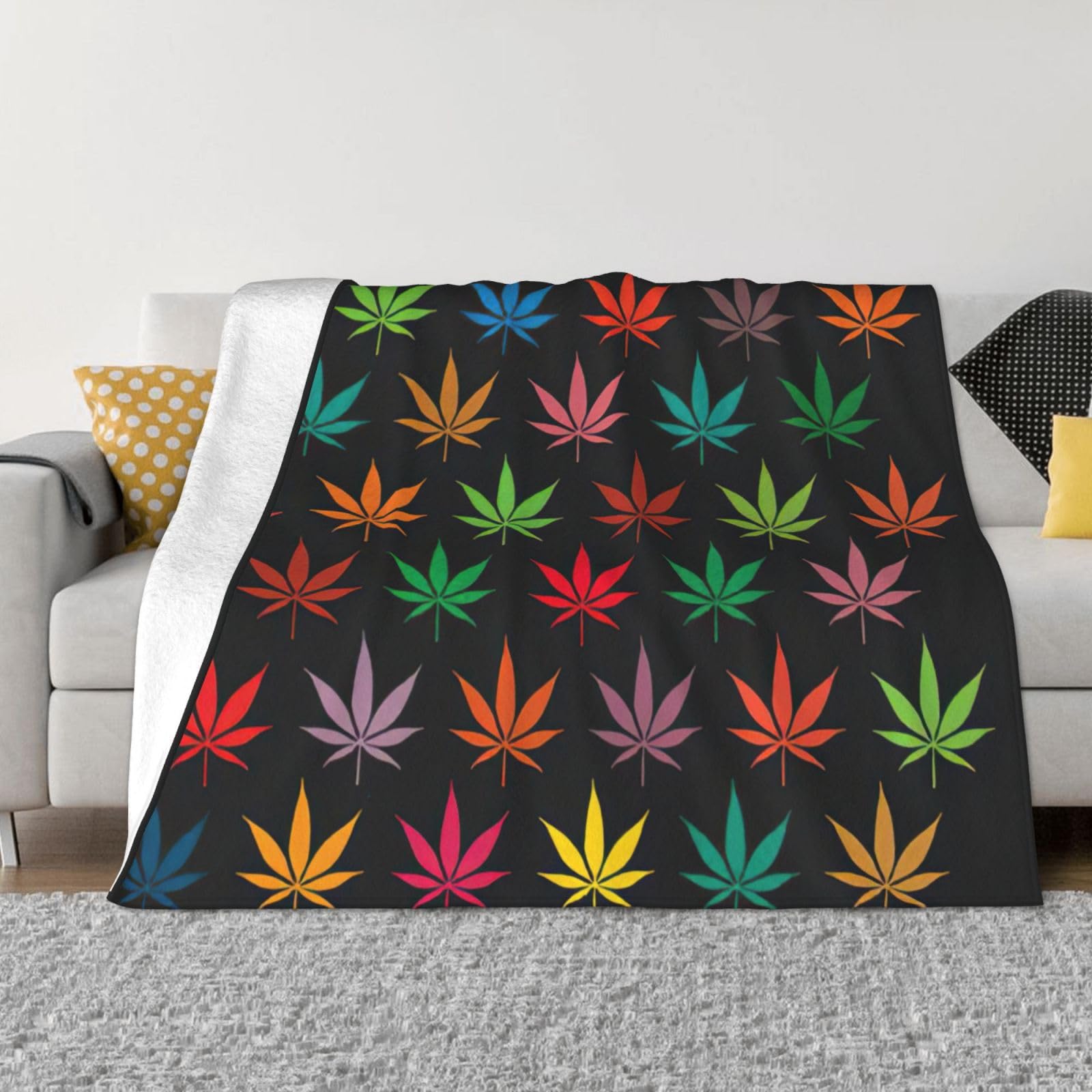 Plaid en flanelle feuilles de cannabis colorées grand lit jeté de canapé design doux