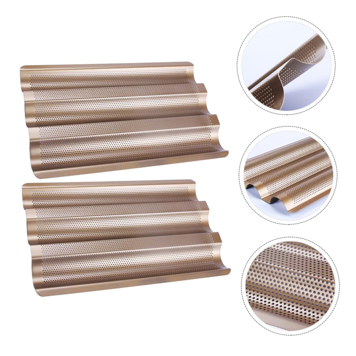 STOBAZA Molde para Hornear Pan de 3 Ranuras en Acero al Carbono, 2 Piezas | Diseño Perforado, Acabado Antiadherente, Formato de Ondas para Baguette en Cocción