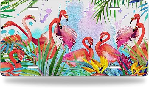 Miniatura 2 de Placa de matrícula frontal de flamenco exótico tropical, hojas de pájaros y flores, divertida cubierta de automóvil, accesorio de decoración,