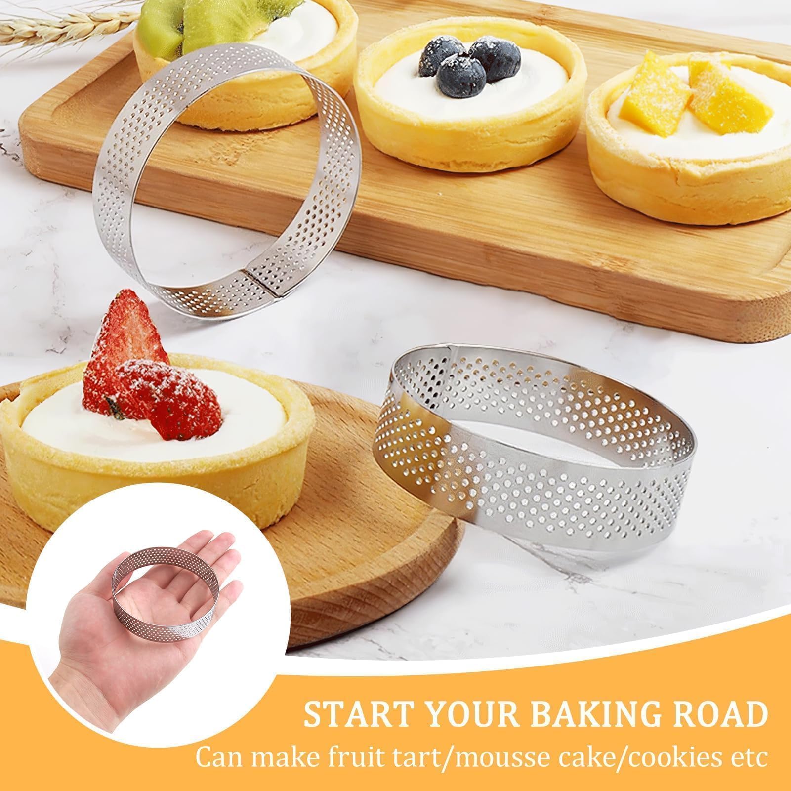 Tiamu 12 stuks geperforeerde dessertringen, taartringen, 6 cm, roestvrij staal, tarteletvormpjes, ronde mousse, crumpetringen, mini-pizza, muffins, bakringen voor taarten, mousse, taarten, quiche, 6