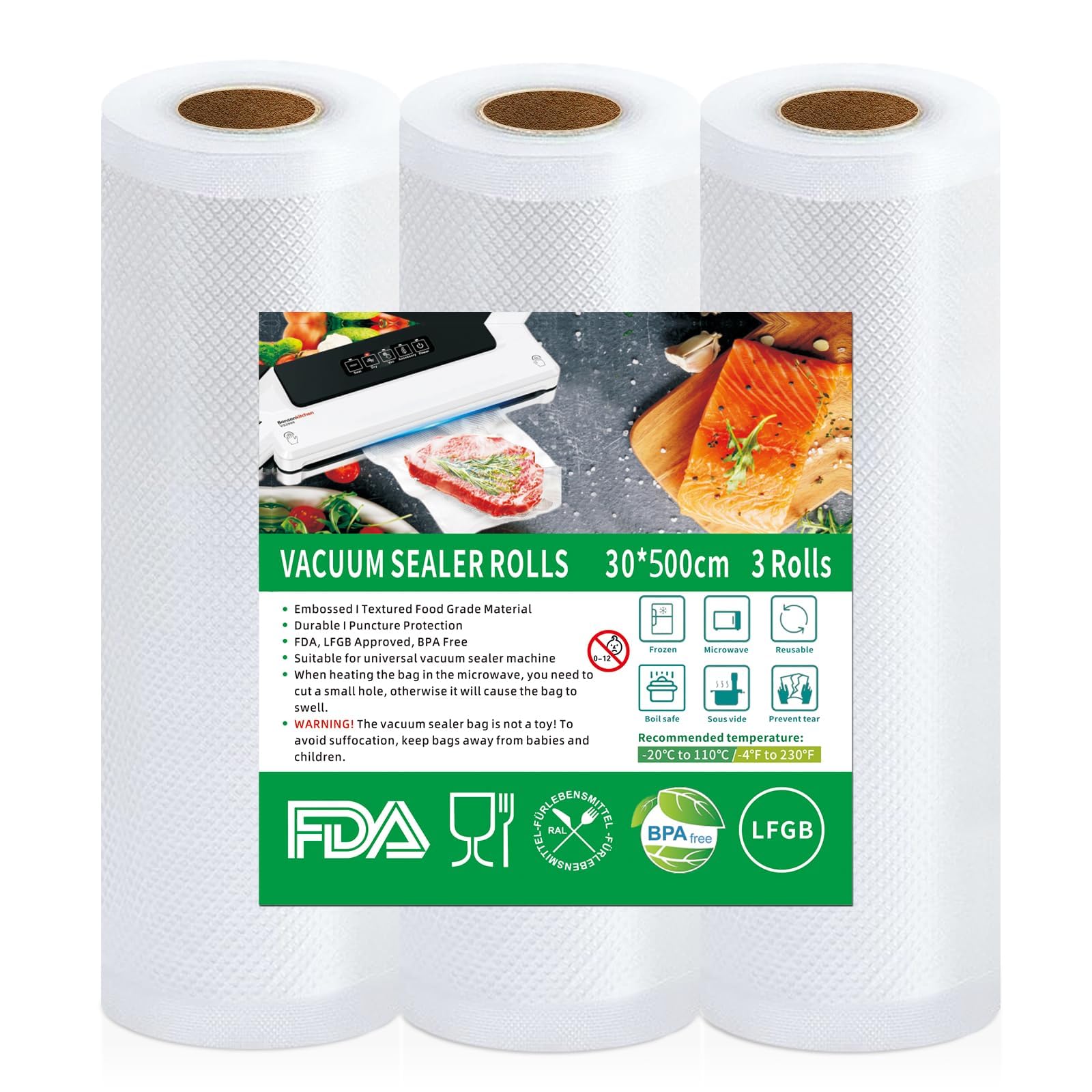 Votoko Vakuumierbeutel 3 Rollen Vakuumierfolie, 30x500cm Vakuumbeutel Lebensmittel, BPA-frei, Reißfest, 190µm, Vakuumierrollen für alle Vakuumierer, Mikrowellen, Sous Vide Gefrierbeutel