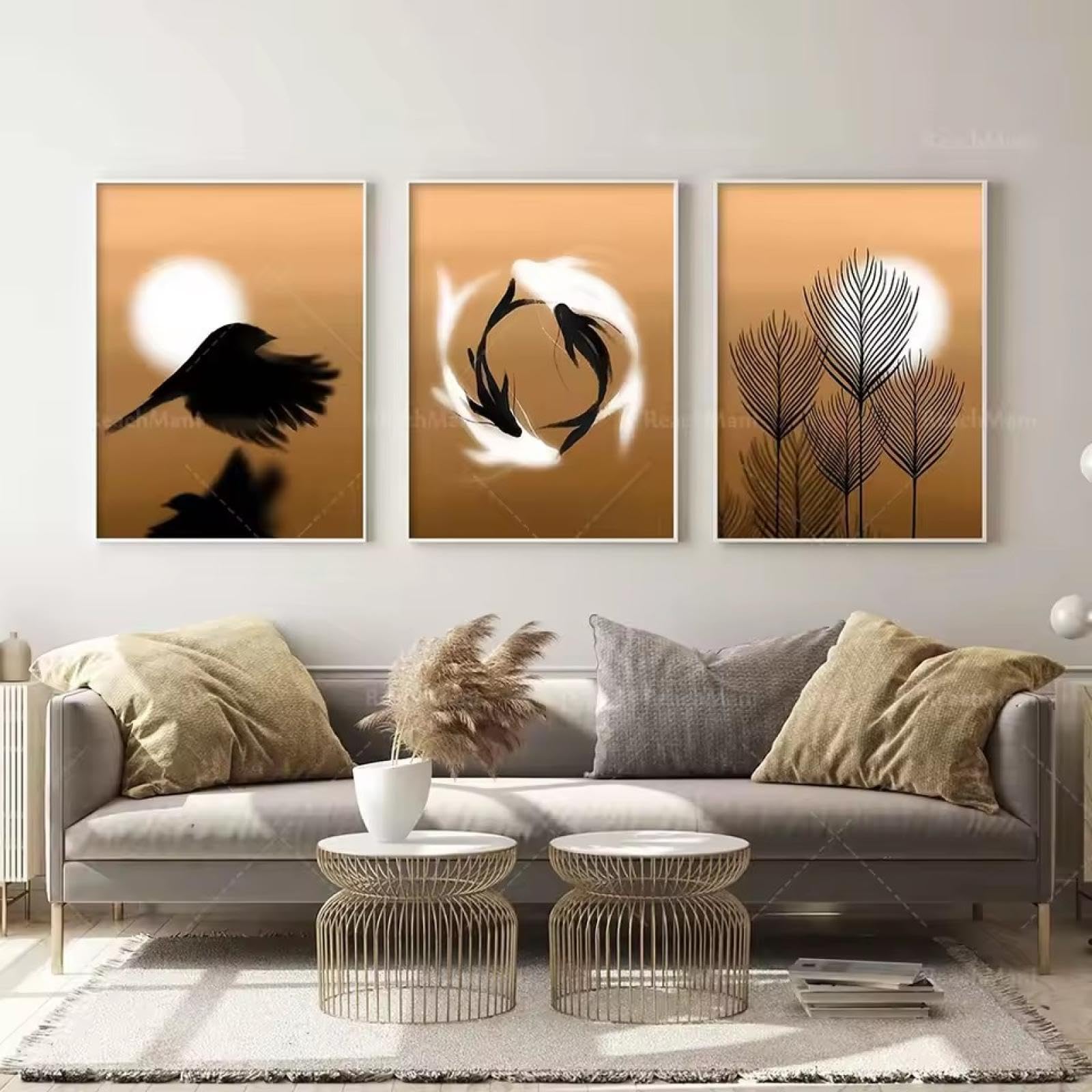 CAOXTART Arte solar bohemio, carteles de plantas, tonos tierra abstractos, vista aérea de la decoración de la sala de estar al atardecer, carteles minimalistas con marco de 50 x 70 cm x 3 pulgadas