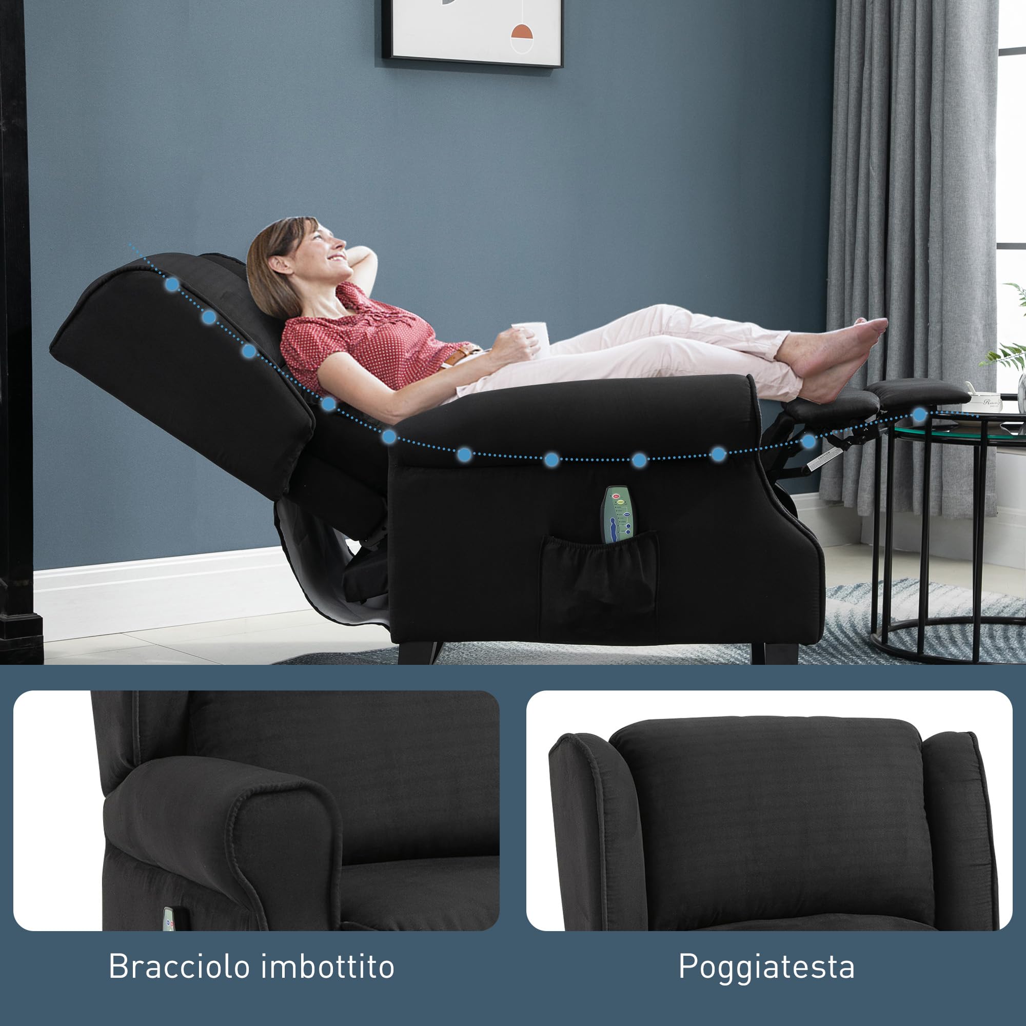 HOMCOM Poltrona Relax Massaggiante Reclinabile con Telecomando Nero | Rivestimento Scamosciato, 78x83x101cm