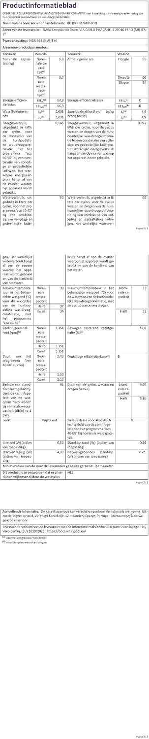Hotpoint NDB 96443 W IT N - Lavasciuga 9kg Carica Frontale, Libera Installazione. Centrifuga 1400 Giri Al Minuto. Larghezza 59,5cm, Profondità 54,0cm, Altezza 85,0cm, Classe Energetica E [Classe di efficienza energetica D]