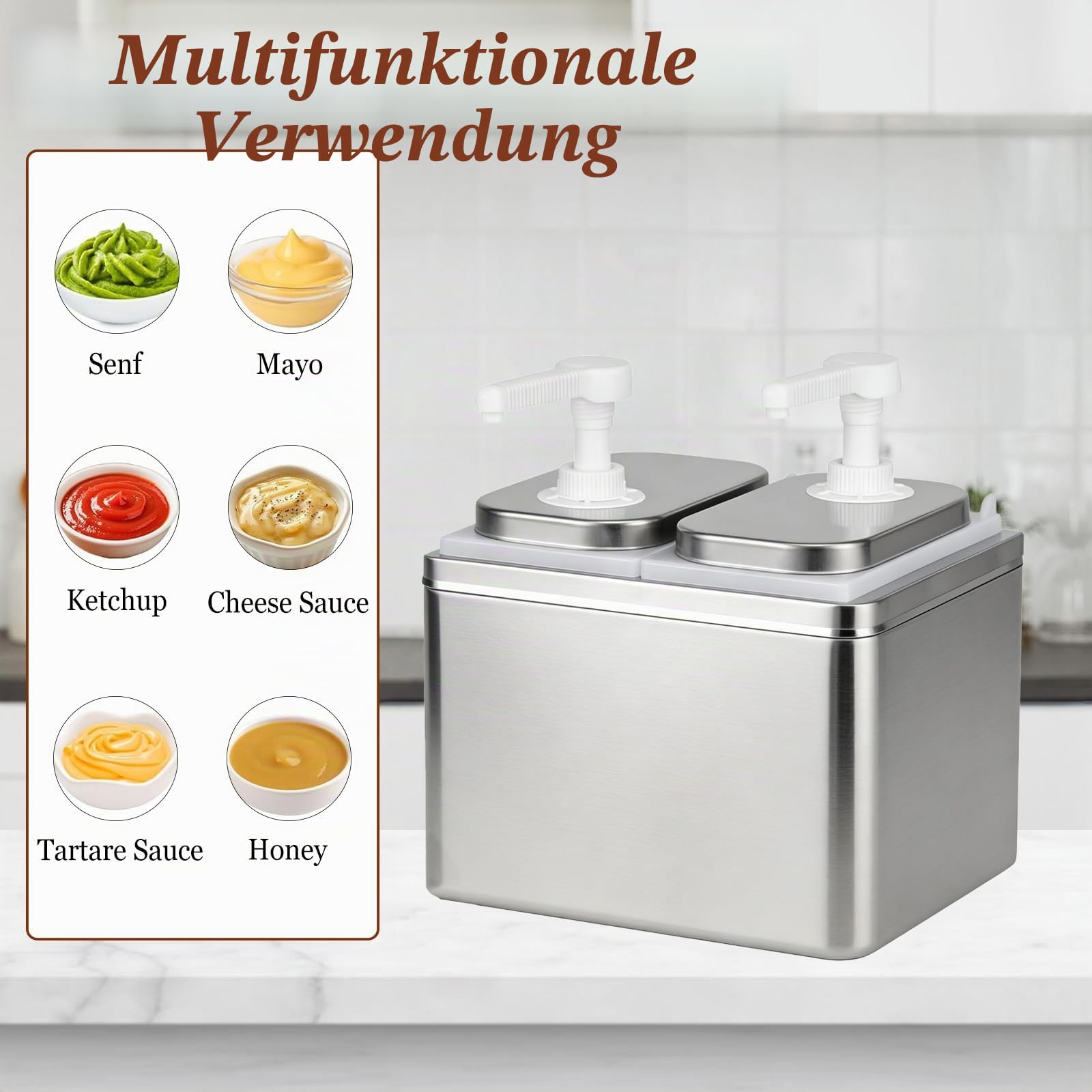 4L Ketchup Spender aus 304 Edelstahl,Sirup Spender,Honigspender,Dosierspender Saucenspender Pumpstation mit 2 x 2L Behältern,30 ml pro Pumpstoß,tropffrei für Ketchup,Mayo,Senf & mehr