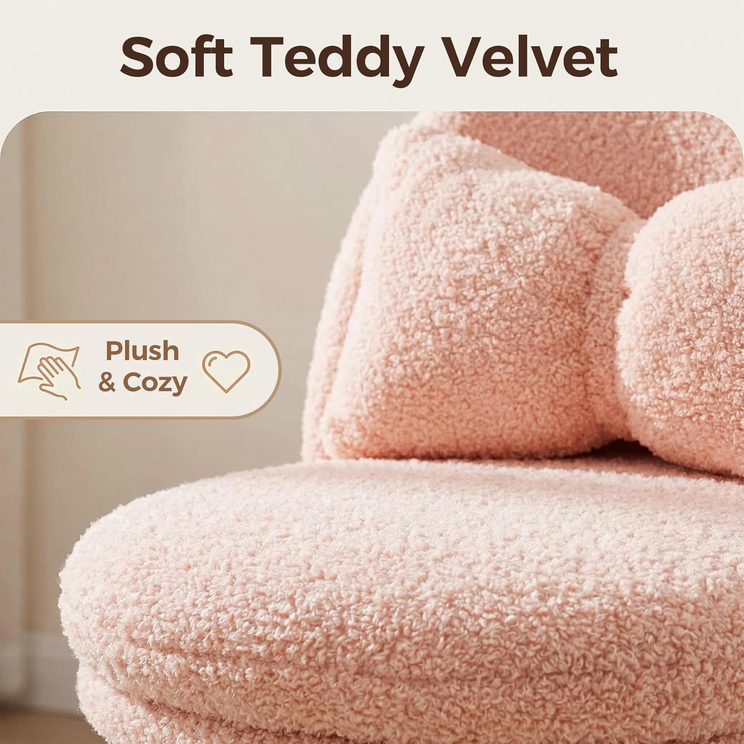 GTPOFFICE Vanity Chair with Back, Adjustable Tall Office Chair High Swivel Bar Stools Fluffy Cute Desk Chair Comfy with Wheels Bow Pillow Armlees for Adults Standing Desk Bar, Teddy Velvet, Pink