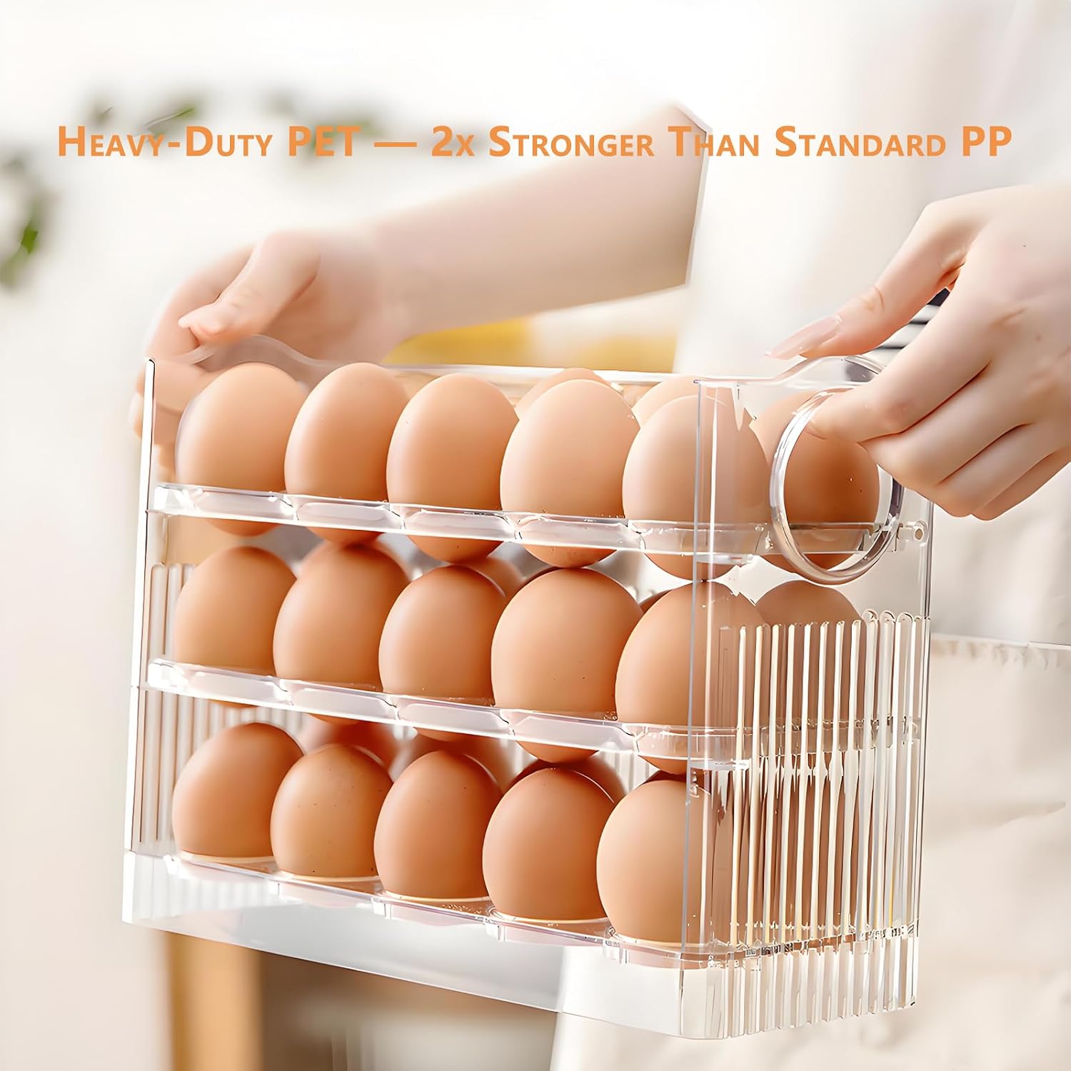 Egg Holder for Fridge, Holds 30 Eggs, 3-Tier Stackable Egg Organizer for Refrigerator with Date Tracker & One-Hand Access, BPA-Free PET Egg Storage Container for Countertop or Fridge, Clear