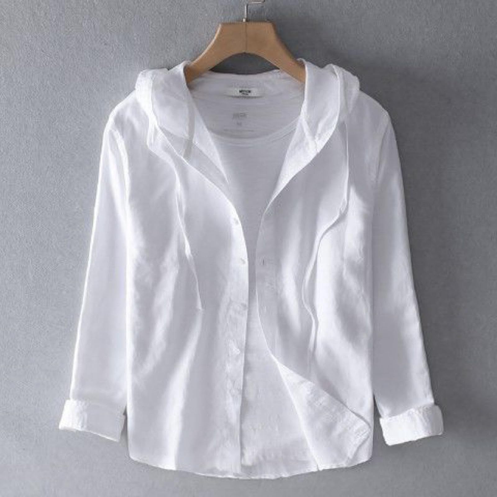 Leinenhemd Herren Hemd Langarm Kapuzenhemd Baumwolle Herrenhemden Leinen Hemden Regular Fit Freizeithemden Sommer Langarmhemd Casual Strandhemd Sommerhemden für Outdoor Strand