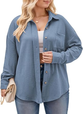ROSRISS Plus-Size Tops for Women Casual Collared Button Down Blouses Cute Long Sleeve Waffle Knit Shirts with Pocket XL-5XL