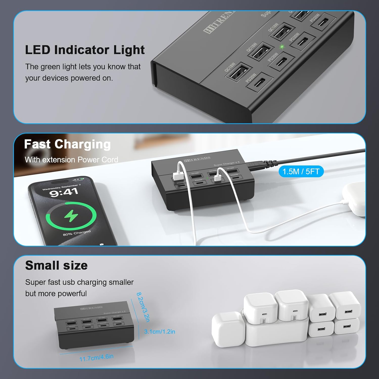 USB Charger with USB C PD20W and USB A QC18W, HITRENDS 60W PD Fast Charging Station, 5ft 8-Port Multiple Desktop Multi Port USB Charging Hub Compatible with iPad iPhone 17/16/15/14, Galaxy S24/S23/S22