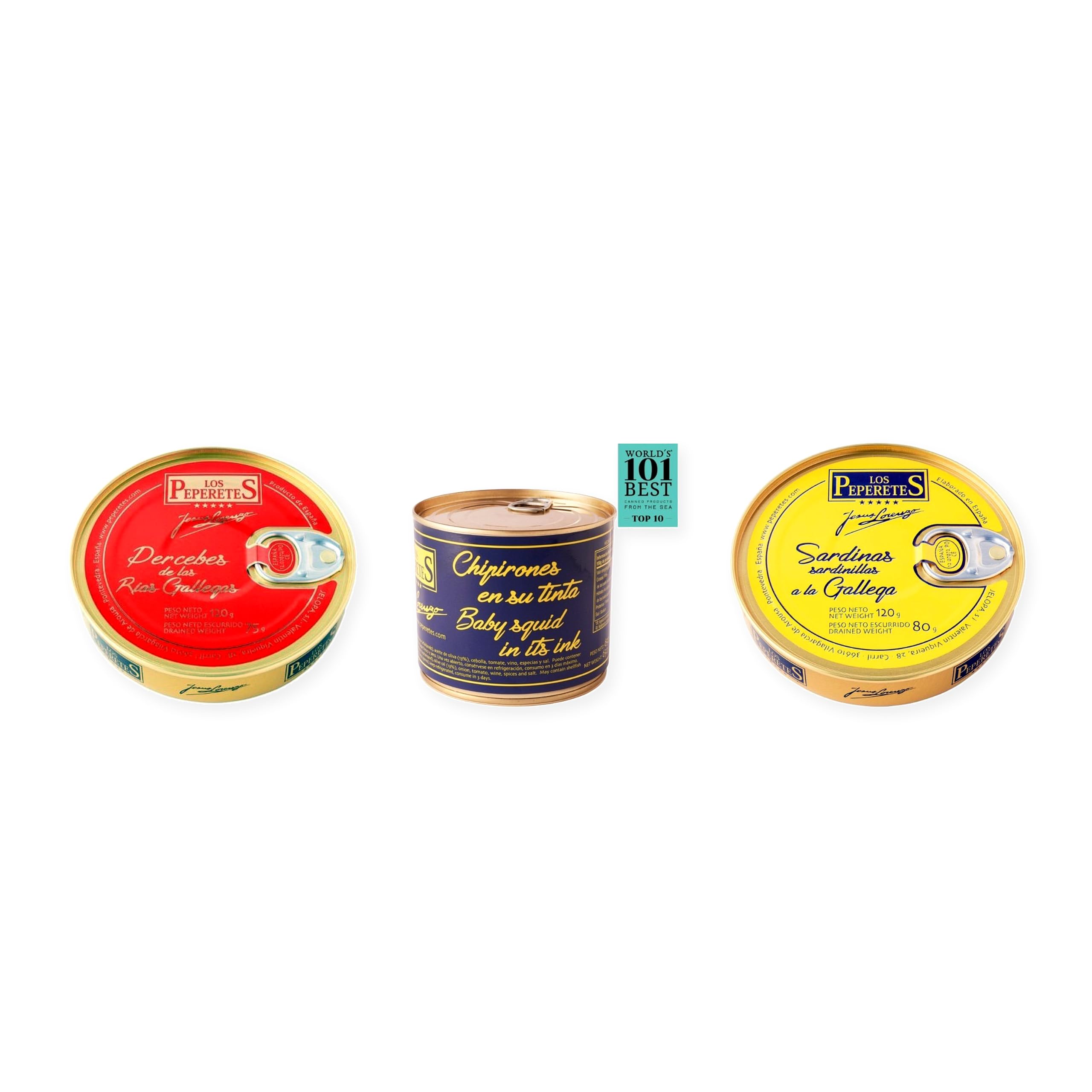los peperetes conservas Percebes Rías Gallegas, Chipirones Tinta 460g y Sardinillas Gallega pack 3 latas