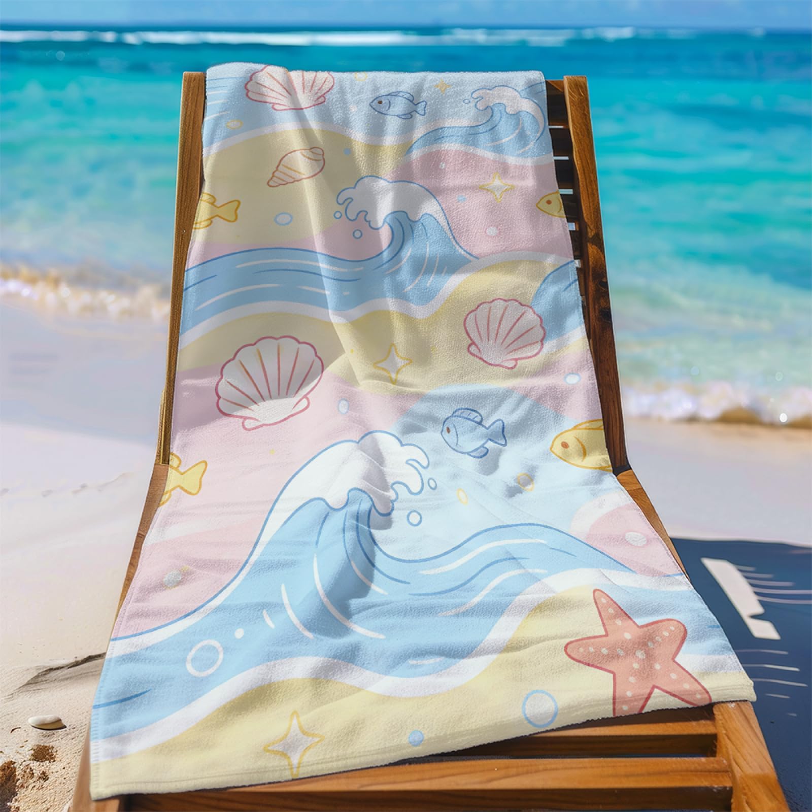 Fouta PlageJaune Bleu Poisson Rose Modèle Surdimensionné avec Diverses Tailles, Respirante et Portable, Parfaite pour Voyages Sorties Piscine et Usage Extérieur Quotidien 90x160 cm