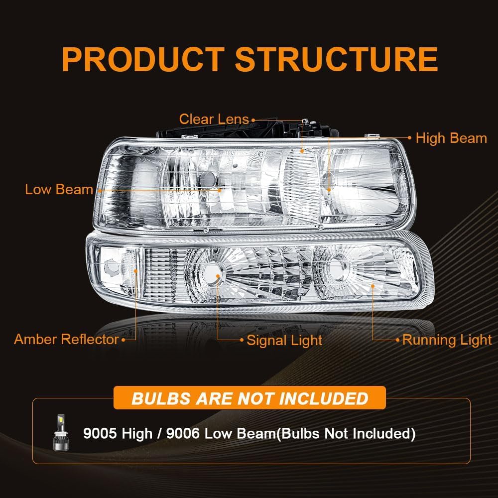 Headlight Assembly, Compatible with 1999 2000 2001 2002 Chevy Silverado 1500 2500/2001-2002 Silverado 1500HD 2500HD 3500HD Chrome Housing Clear Reflector
