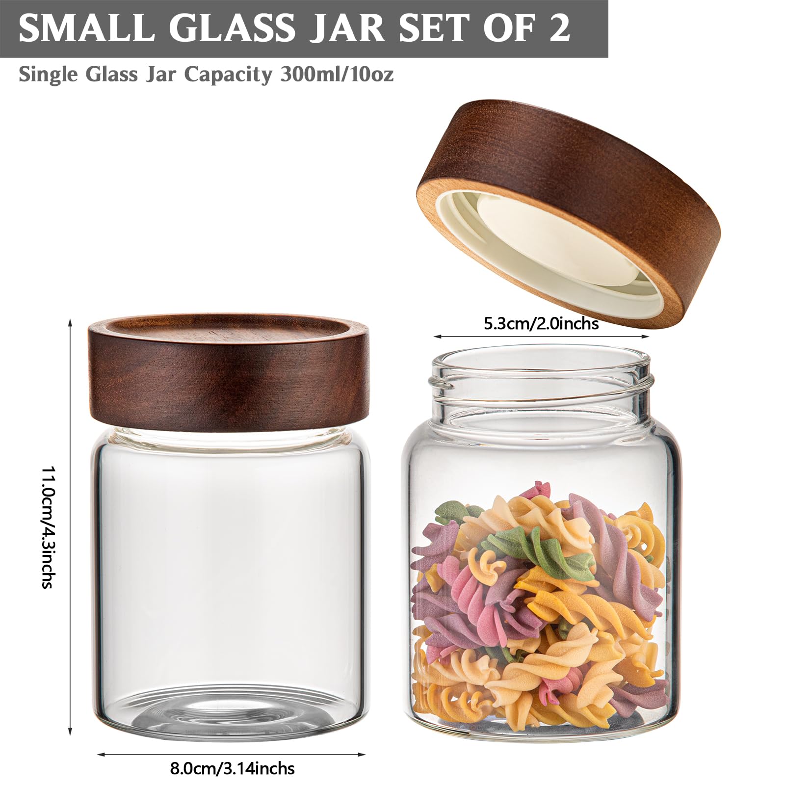 Tarro de almacenamiento de café de cristal con tapa de madera, cuchara, contenedor de alimentos de borosilicato para el suelo, granos de café, té de oatmeal (2 x 300 ml (10 oz))