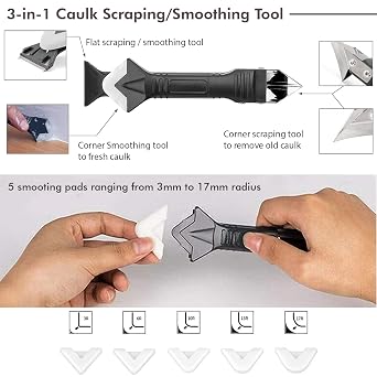 White Silicone Sealant + Caulk Gun + Caulking Tool Kit - All-Purpose 100% Silicone Caulk (10 oz Tube), with No-Drip Gun, 3-in-1 Scraper/Smoothing Tool, Multi-Use Handheld Finishing and Scraping Tool