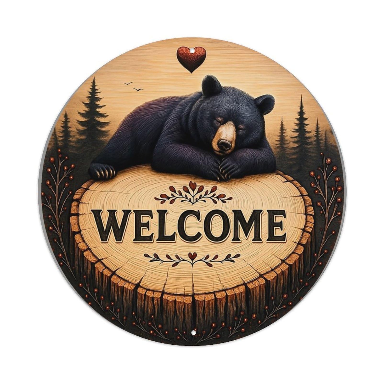 Bear Sleeping On Log Welcome Sign Metal Tin Sign Plaque