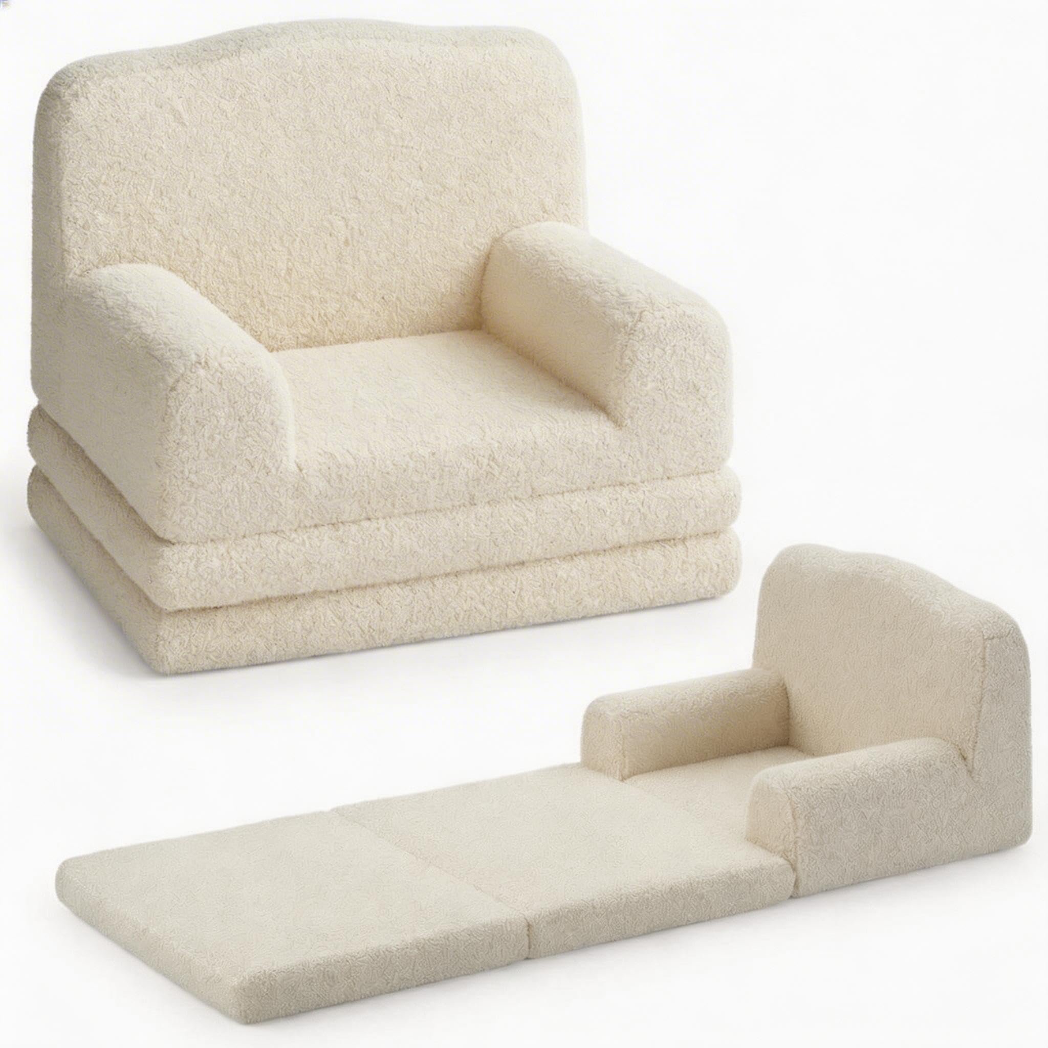 Garvee Sillón Convertible Infantil Diseño Corona – Cama Plegable 2 en 1 para Niños de 2 a 6 Años – Butaca Transformativa con Funda Lavable de Peluche Sherpa para Dormitorio, Sala de Juegos (Blanco)