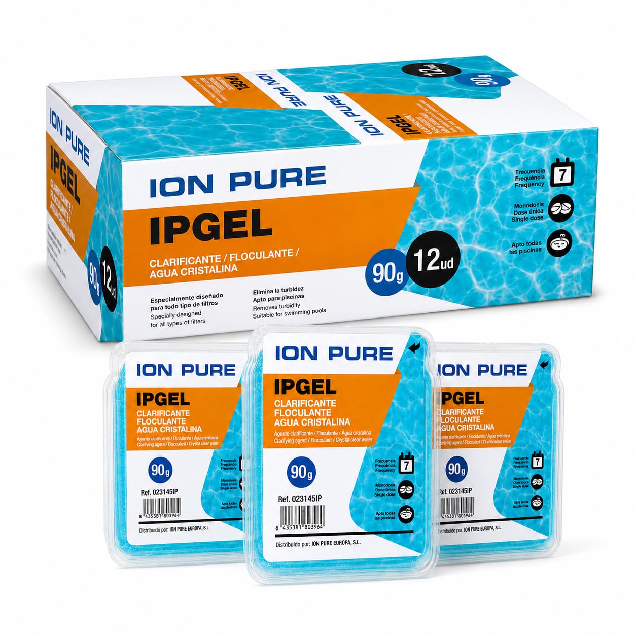 IPGEL Gel Floculante y Clarificante para Piscina, Monodosis de 90 g, Pack de 12 Unidades, Tratamiento Semanal, Apto para Todo Tipo de Piscinas