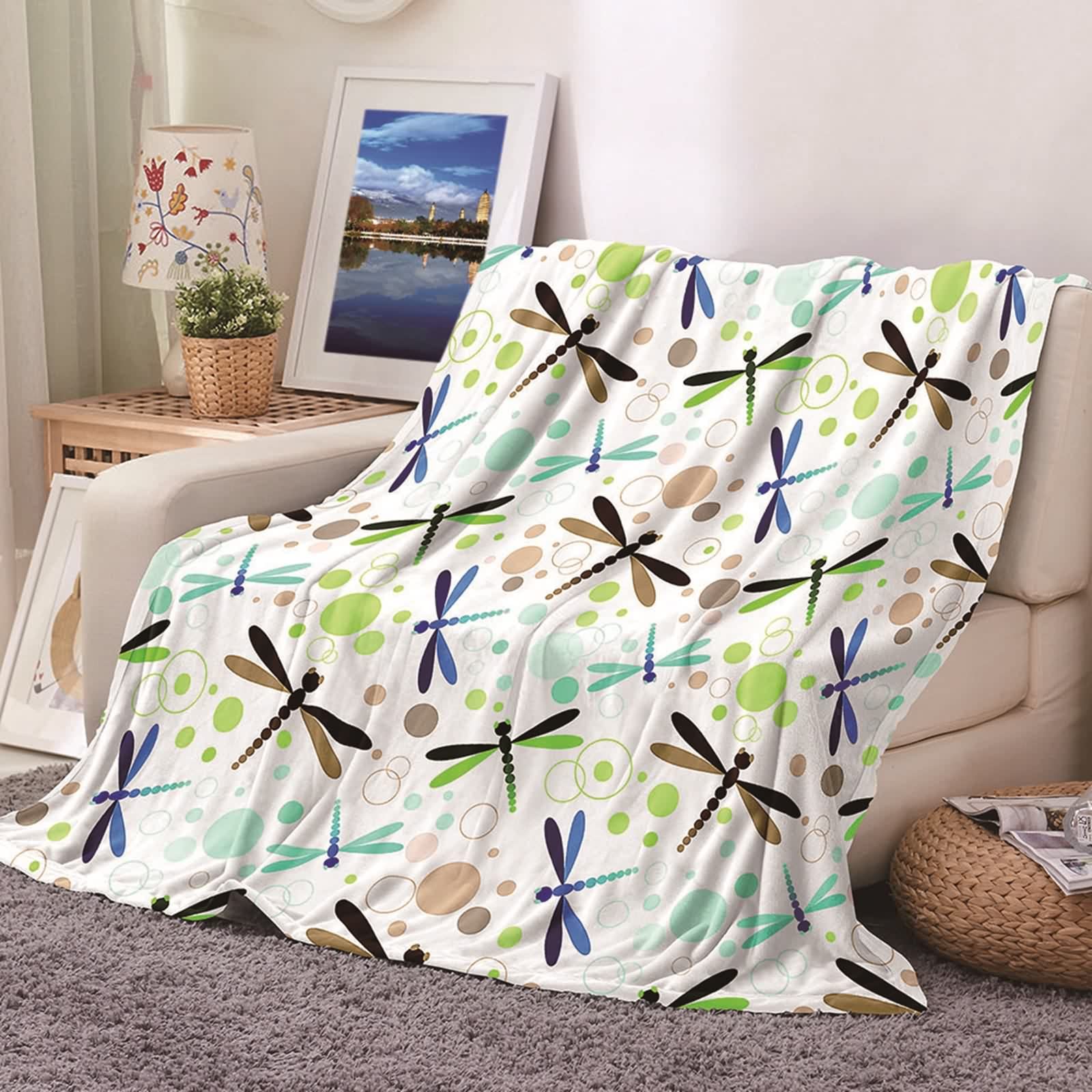 Couverture polaire en flannel 100x150cm à motif libellules pour lit et canapé