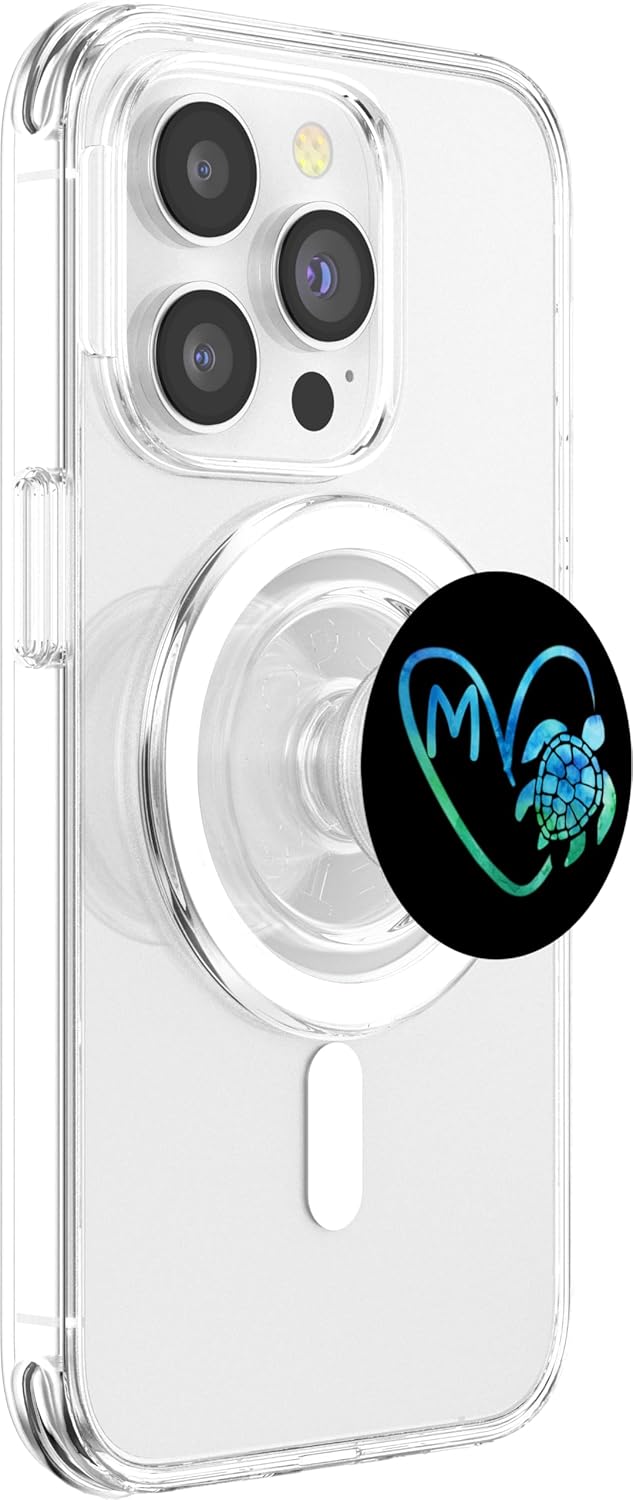 Blue Sea Turtle Initial Letter M Monogram Phone Grip Heart PopSockets MagSafe PopGrip for iPhone