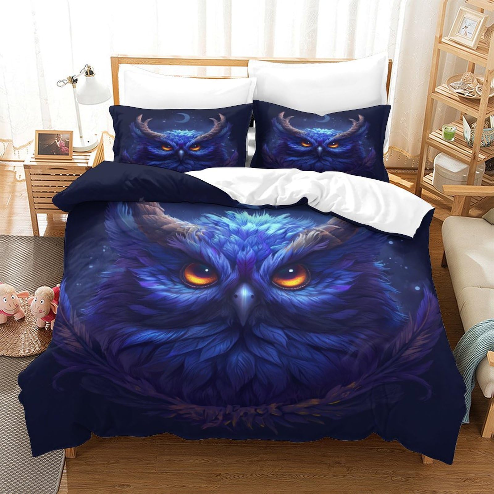 P1S9U7W5Y Vivid 3D Printed Owl Pattern Duvet Cover Set 3 Pieces Microfiber Bedroom Decor Owl Bedding Set for Adults Soft Breathable Double（200x200cm）