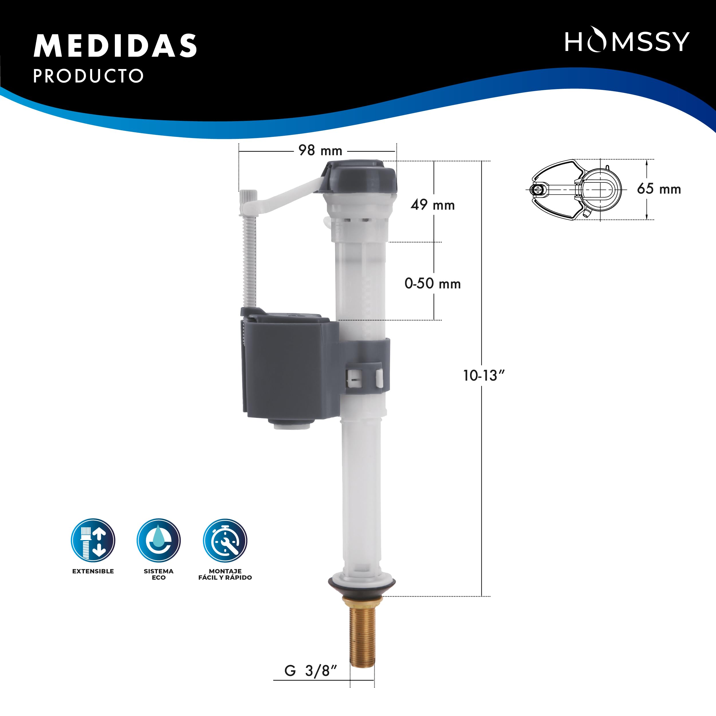 HOMSSY Flotador Cisterna WC Vertical F-117 – Válvula Llenado Universal 3/8" Latón, Altura Ajustable, Boya Regulable, Sistema Extensible Compacto, Instalación Fácil para Tanque Bajo — view 3