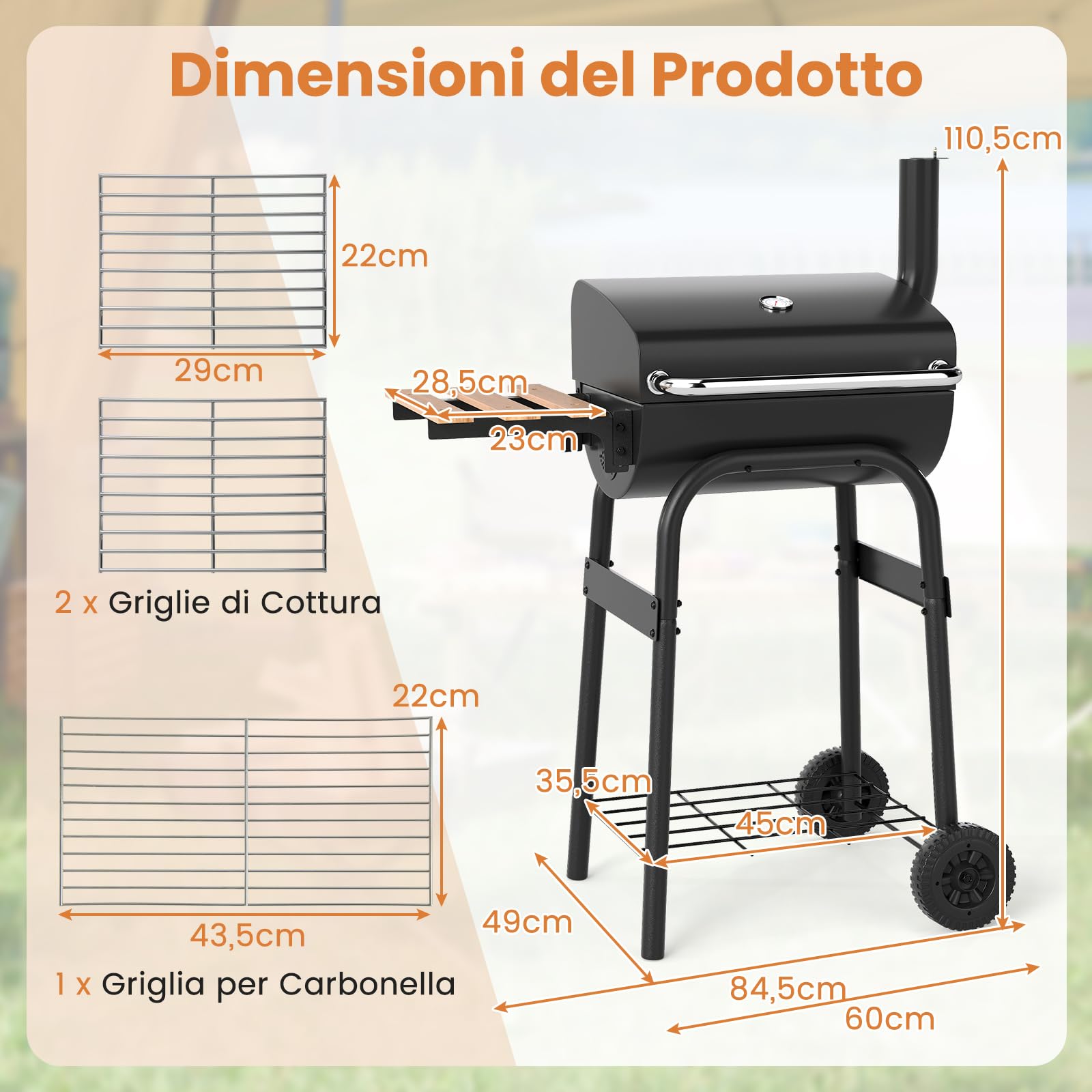 COSTWAY Barbecue a Carbonella con Ruote, Griglia a Carbone da Esterno con Coperchio, Termometro, Tavolo Pieghevole e Manico in Acciaio Inox, Barbecue Portabile per Giardino, Campeggio e Picnic
