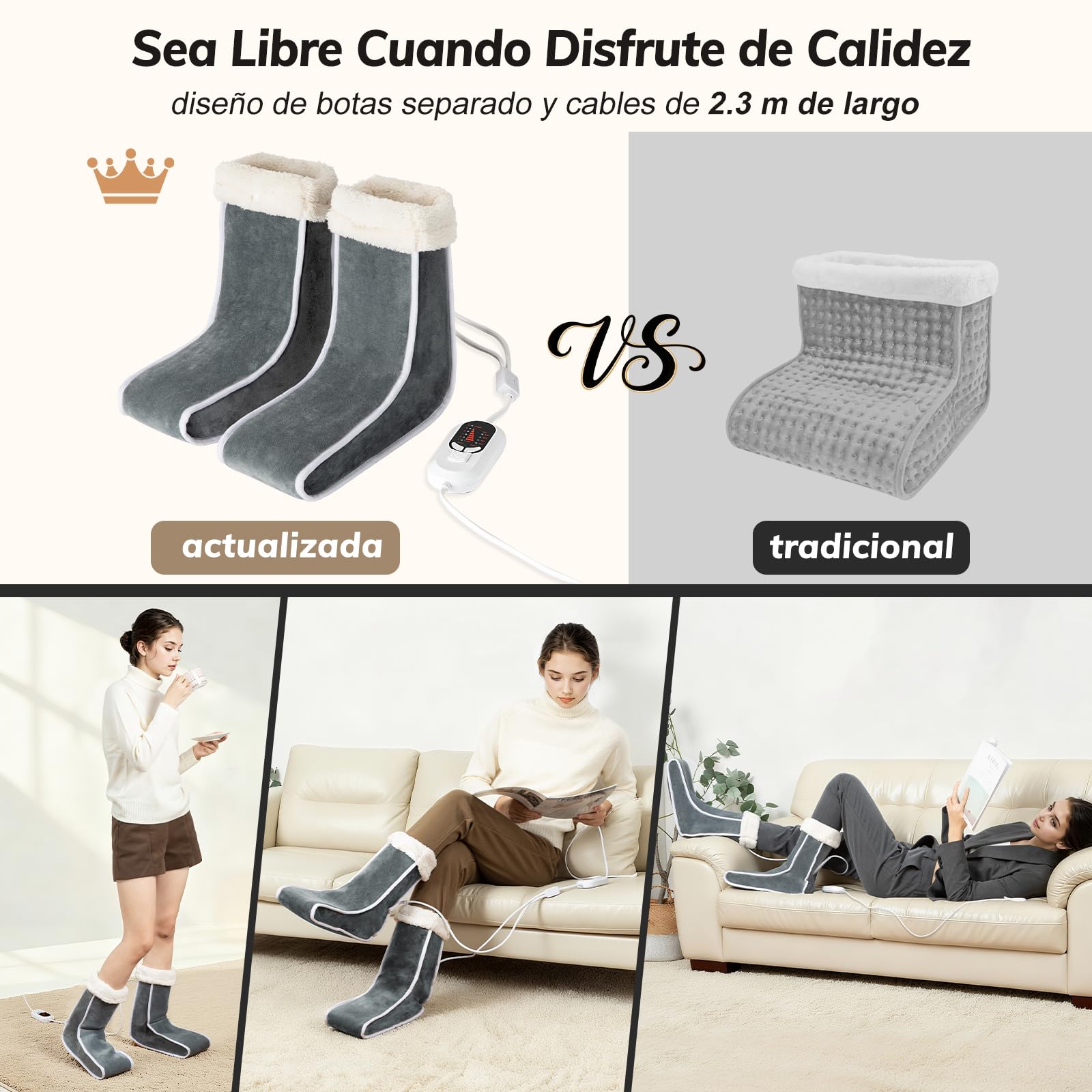 Calentador de Pies Separado para Mujeres Hombres, Calienta pies Electrico con Cobertura de Pantorrilla 6 Temperaturas 4 Temporizadores, Zapatillas Calefactables con Forro Lavable