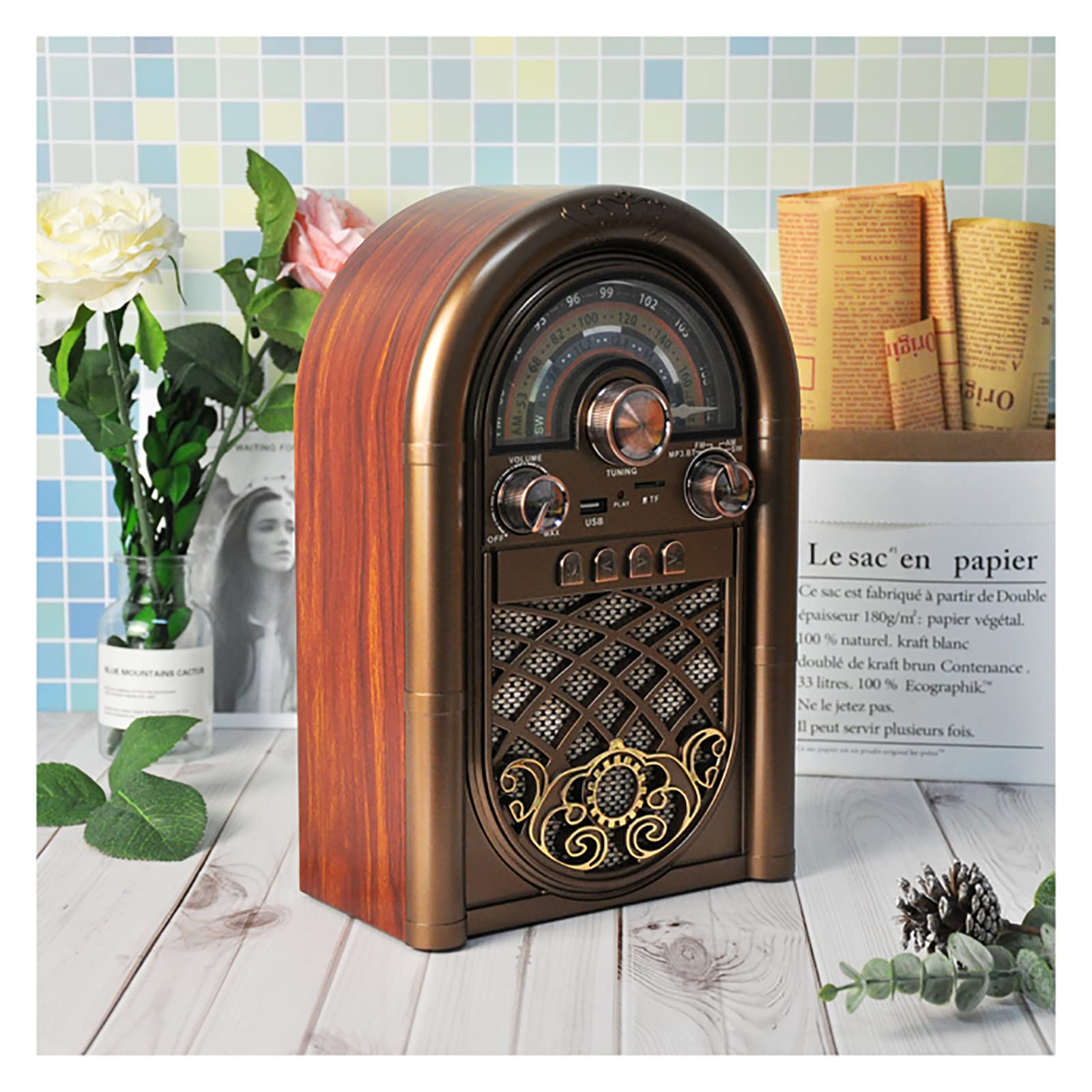 Radio Rétro Portable À Ondes Courtes, Radio Vintage avec Haut-Parleur Bluetooth Et Lecteur De Carte TF, Boîtier Imitation Bois, pour La Maison, Les Amis Ou La Cuisine en Extérieur
