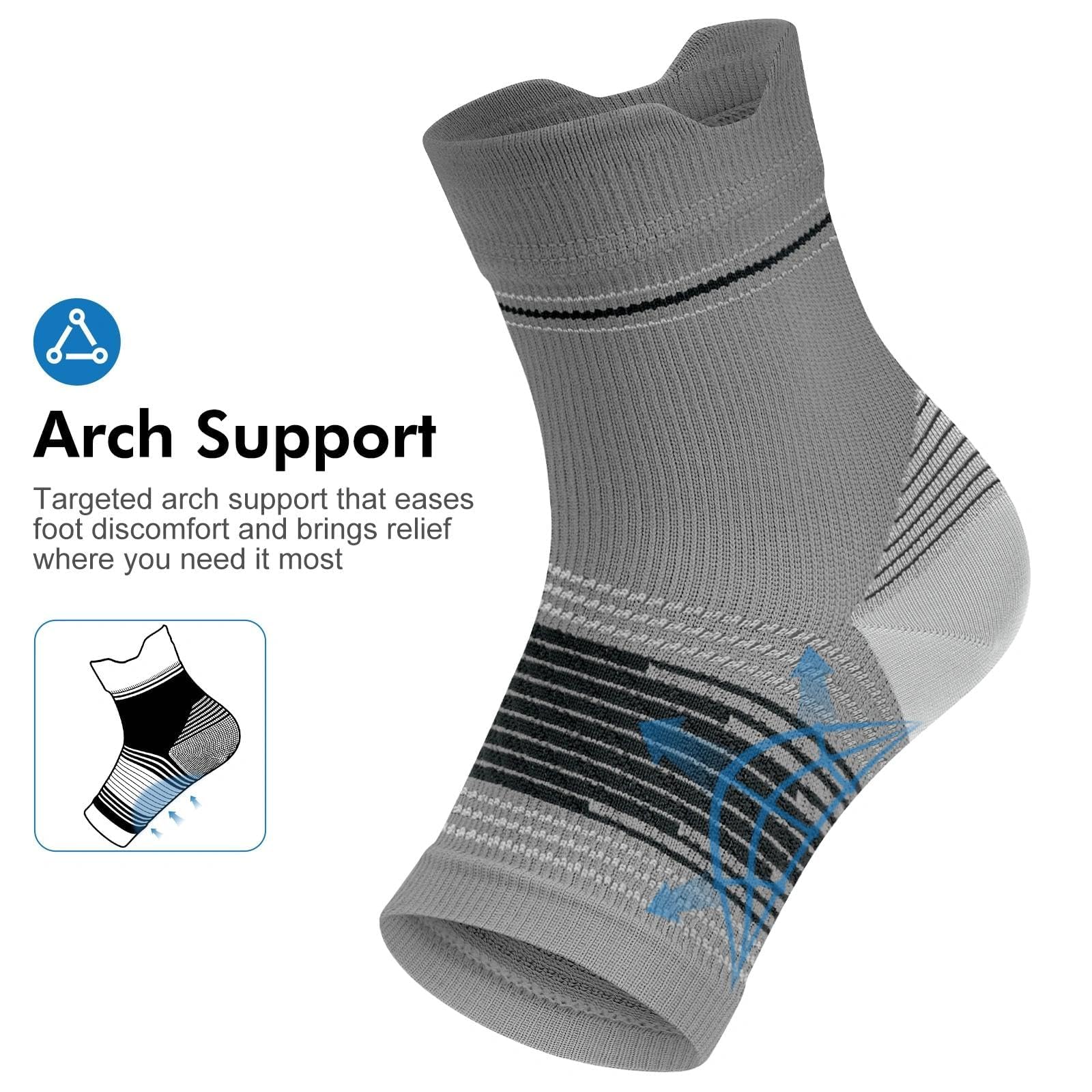 PAPLUS Calcetines para fascitis plantar (6 pares) para hombres y mujeres, mangas de compresión para pies con soporte de arco y tobillo (negro, gris, blanco, L)