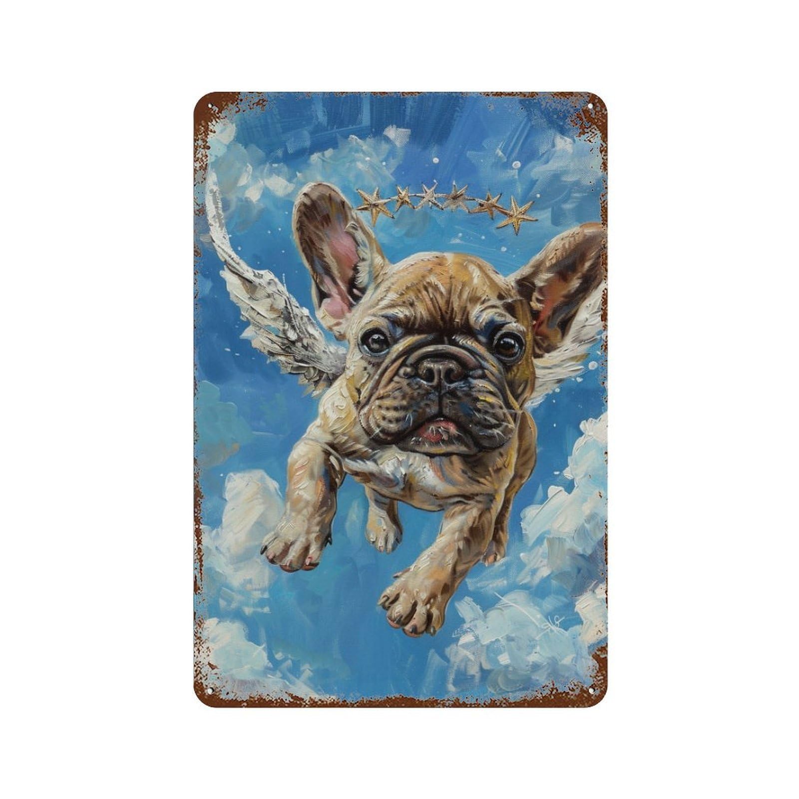 Rust Effect Flying French Bulldog Art Print Rustic Tin Plaque 11.8"x7.9", Shabby Chic Decor for Basement, Hobby Room And Garage Decor