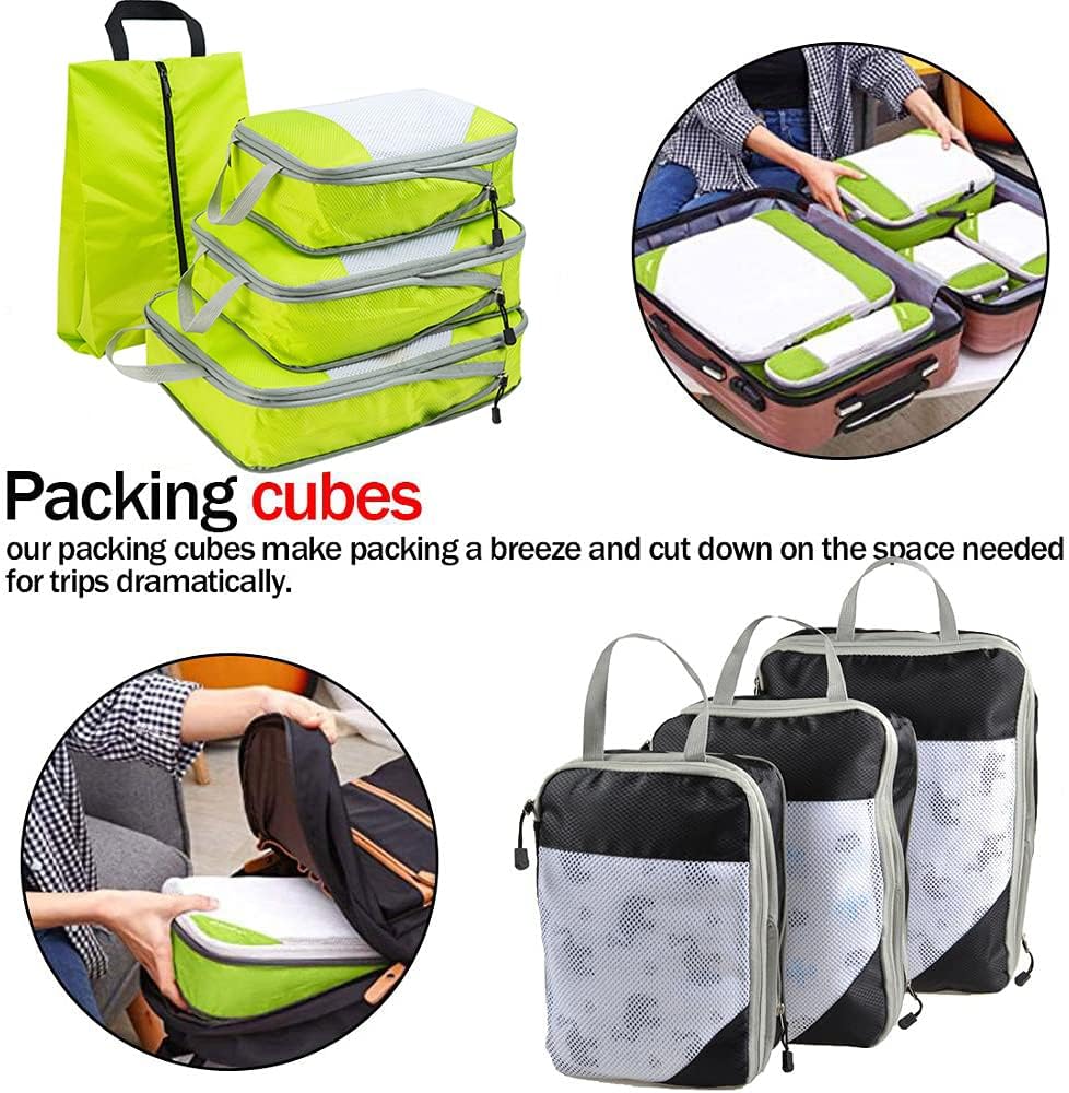 Compression Packing Cubes Set,4pcs/set Travel Storage Bag Portable Luggage Suitcase Organizer Set Extensible Packing Mesh Bags for Clothing Underwear Shoes (Green)