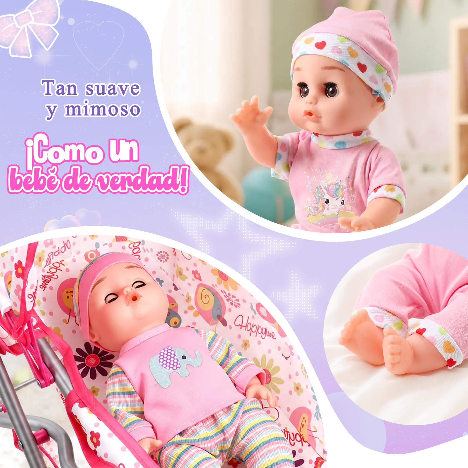 HappyGoLucky Carrito Bebe Juguetes con Muñeca de 28 cm, Ropa y Accesorios para Muñecas Juguetes Niños 2-8 Años Juego de rol Regalo Niña 3-7 Años Cochecito Muñecas Ideal para Cumpleaños y Navidad