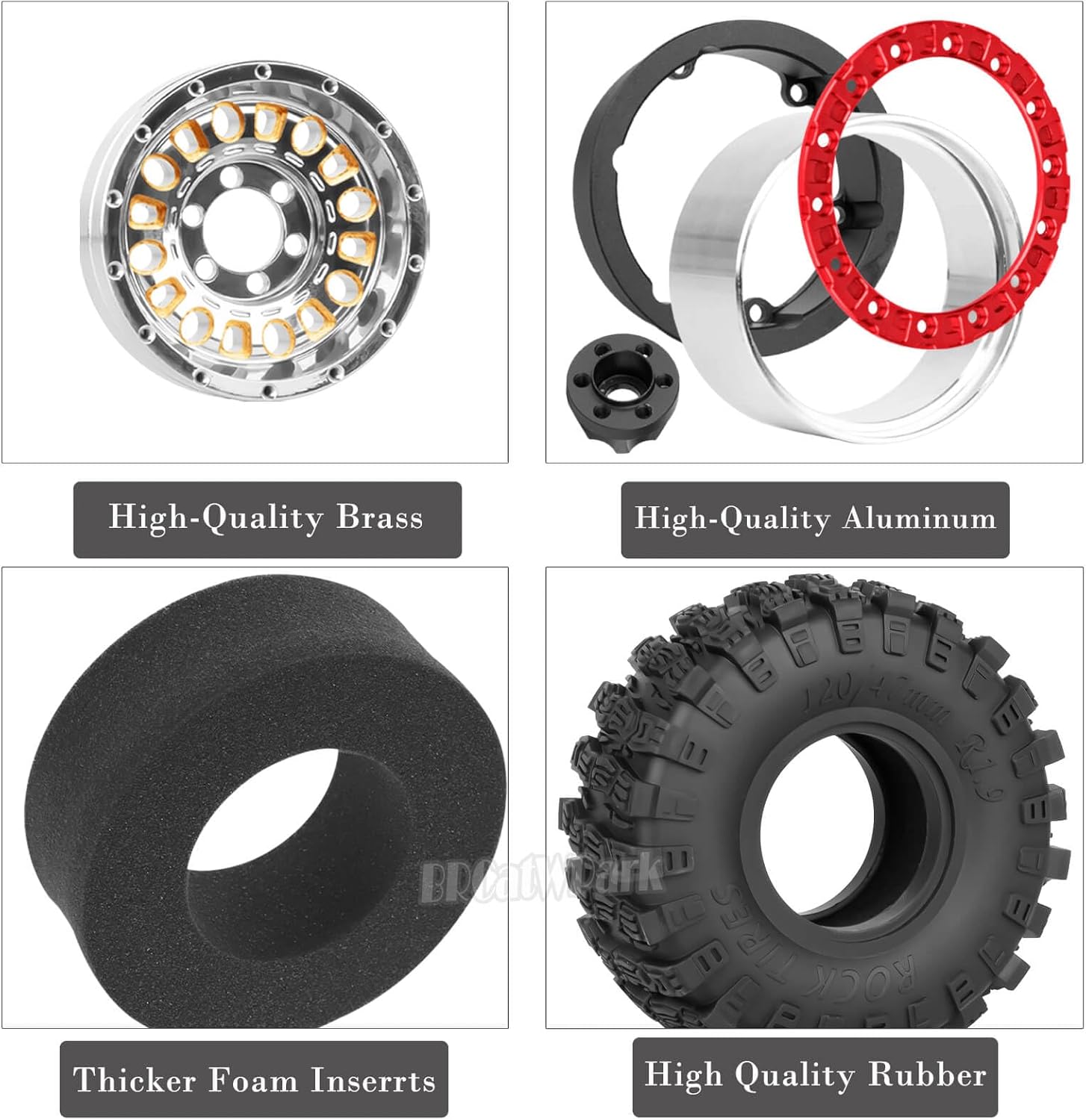 1.9 Brass Wheel Tires for 1/10 SCX10 SCX10 II 90046 SCX10 III AXI03007 SCX10 Pro TRX4 TRX6 Gen7/8 D90 VS4-10 MST CFX RC Crawler Car,1.9 Brass&Aluminum RC Off Road Wheels and Tires,Silver