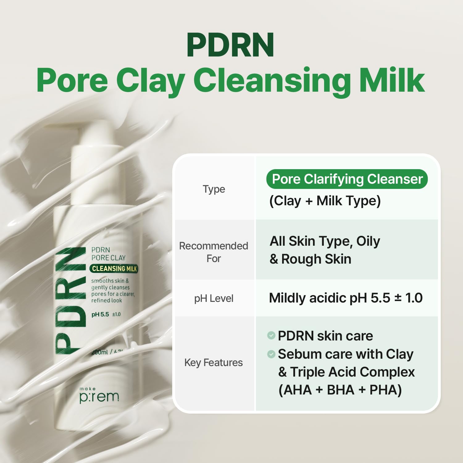 MAKE P:REM PDRN Pore Clay Cleansing Milk, Hydrating Gentle Face Wash for Sensitive Skin, Korean Face Wash, Milky Cleanser, 6.76 fl.oz. (200ml) - Image 2