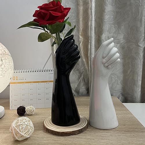 Miniatura 3 de Jarrón decorativo negro en forma de mano de 9.25 pulgadas de alto, moderno jarrón de cerámica para decoración de mesa auxiliar, jarrones para