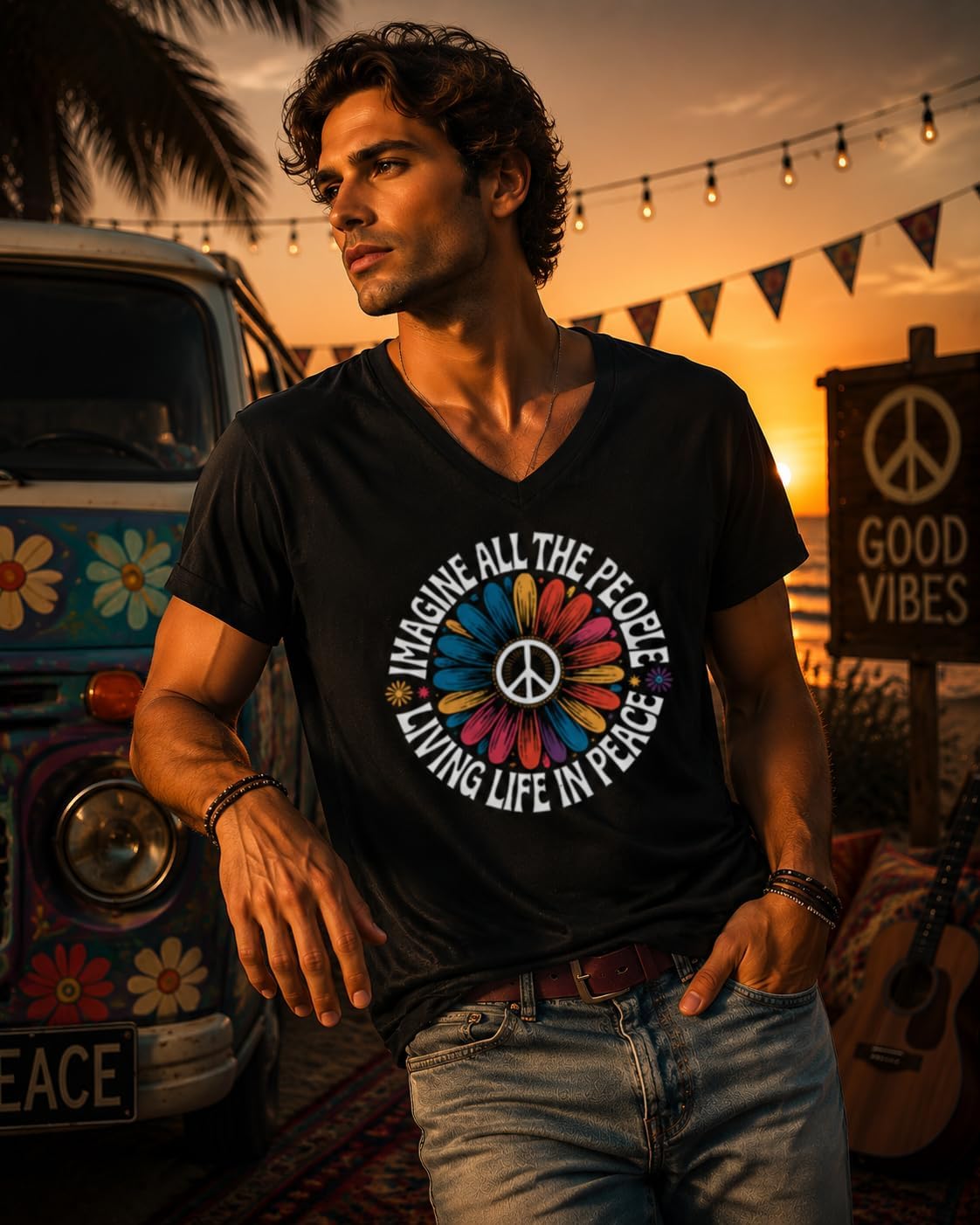 Peace Shirt Imagine All The People Living Life in Peace Tshirt Women Men | Imagine All The People T Shirt, Retro Peace Sign Flower V-Neck Tshirt