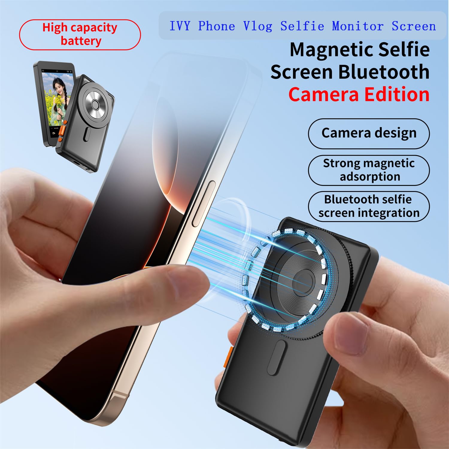 JZ Monitor per selfie Vlog per telefono, fotocamera posteriore, registrazione selfie TikTok/YouTube Live Stream, supporto magnetico wireless 1080p HD, monitor per selfie compatibile con iPhone e