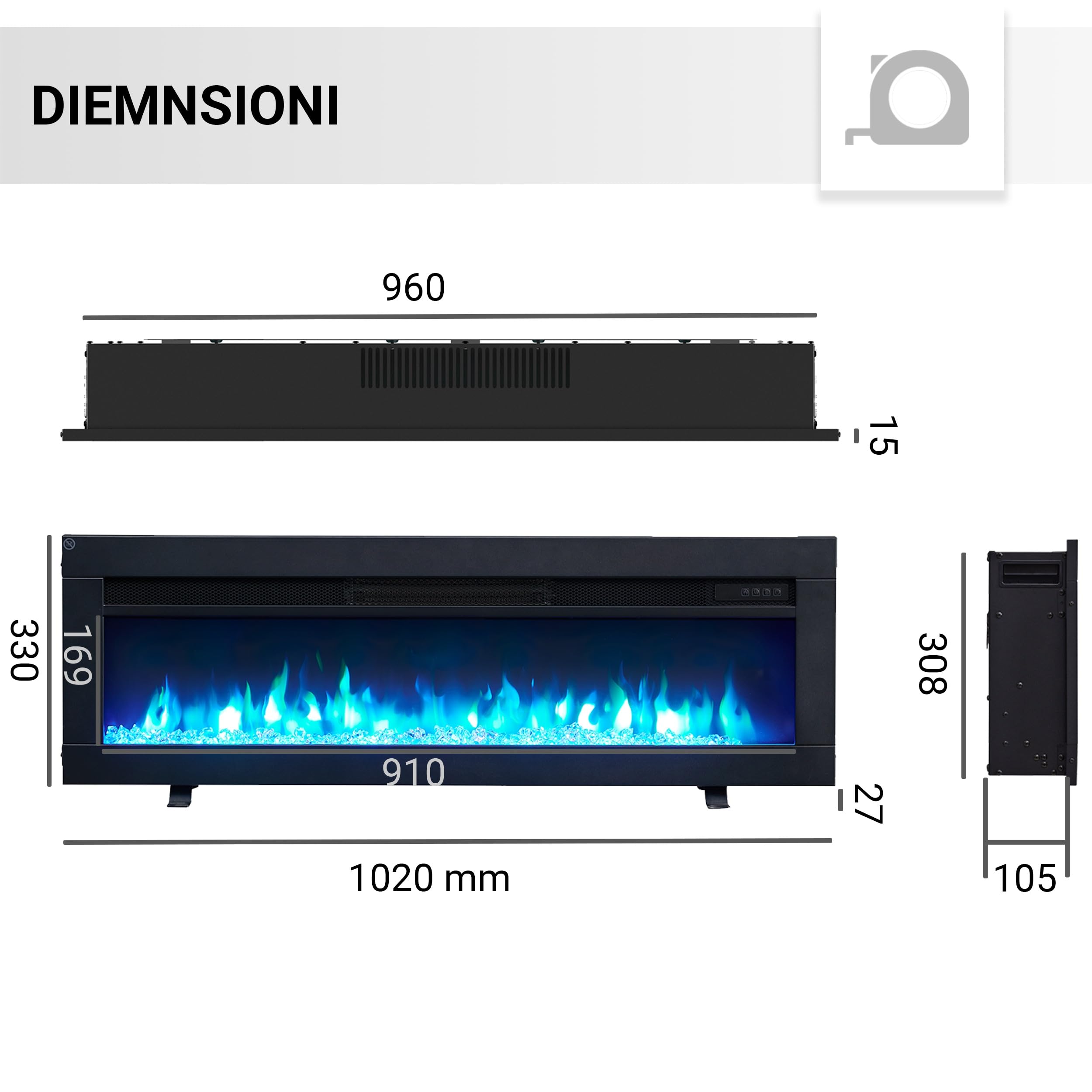 BALDERIA camino elettrico Agnes 40" | Camino da incasso con una potenza termica di 2000 W | Effetto fiamma 3D | Camino a inserto con telecomando, timer, termostato | Nero