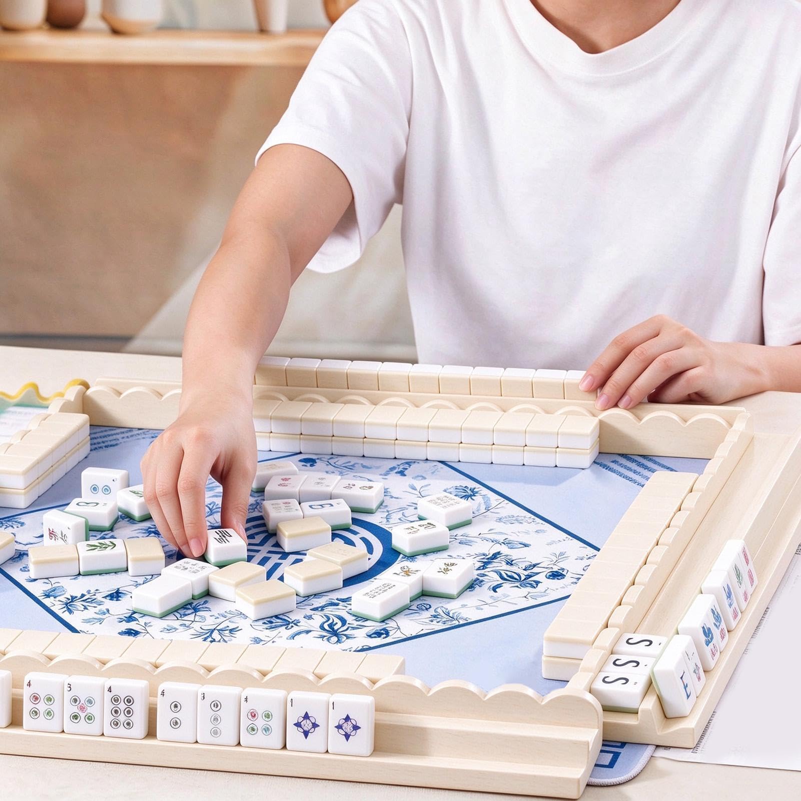 Mahjong - Supporto per piastrelle, in legno, con pulsanti integrati